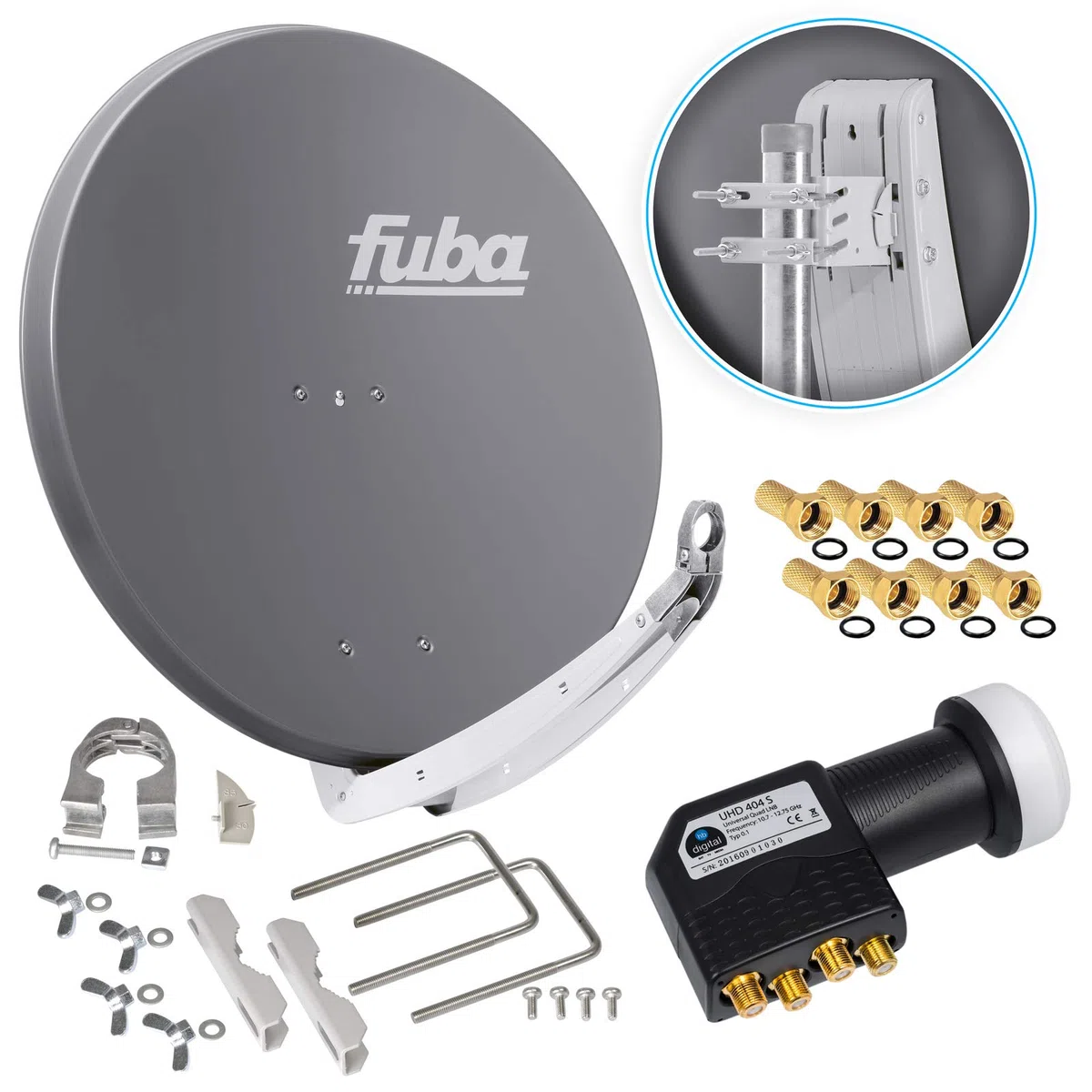 Fuba DAA 850 A 85cm Sat Schüssel Anthrazit Satellitenantenne Aluminium Reflektor + HB-DIGITAL UHD Quad LNB 4 Teilnehmer Direktanschluss schwarz 4K Utra HDTV Full HD 3D fähig + 8X F-Stecker vergoldet