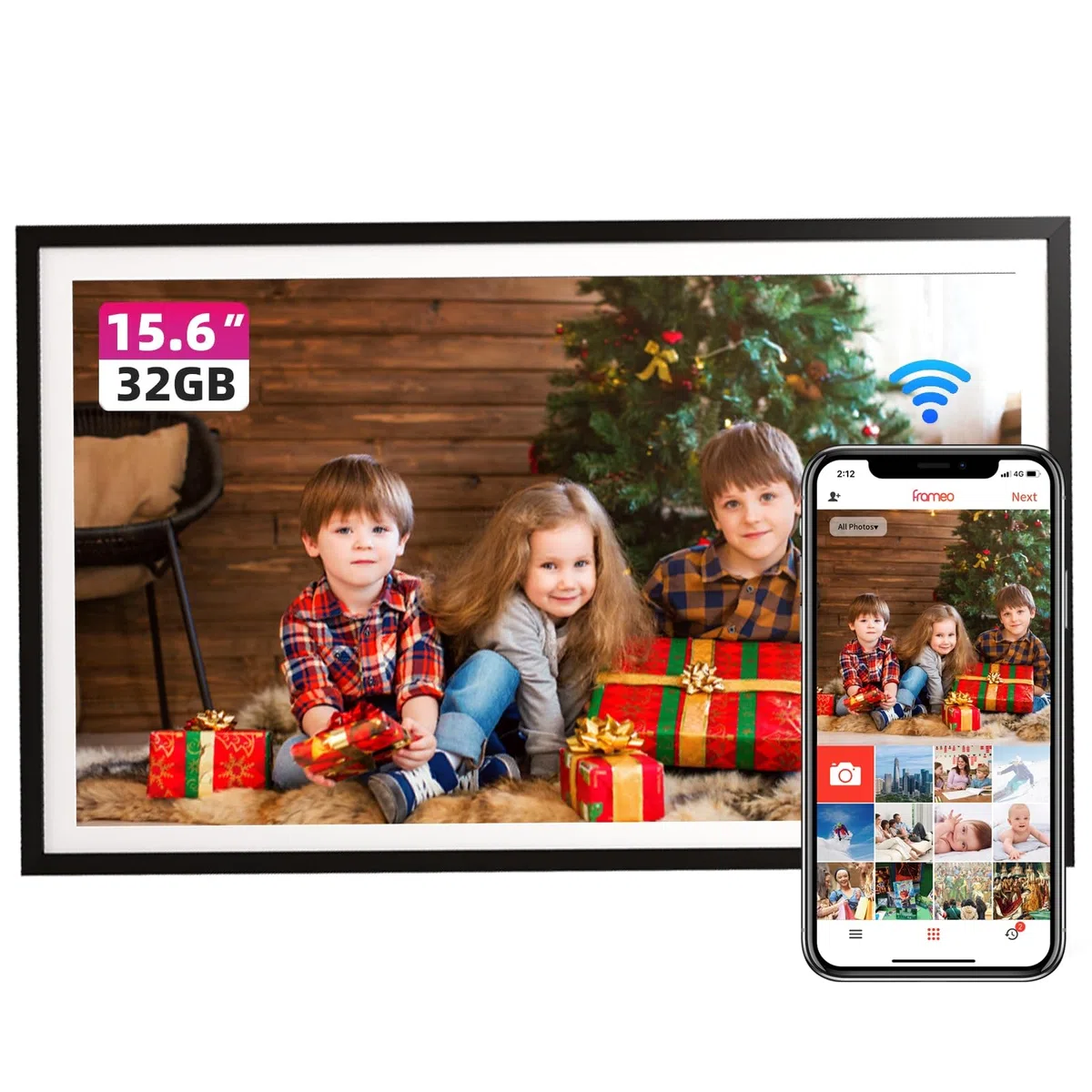 FRAMEO Digitaler Bilderrahmen 15,6 Zoll FHD Touchscreen Elektronischer Bilderrahmen Groß mit 32GB WALN Fernfreigabe von Fotos und Videos mit Kalender Wetter Musik