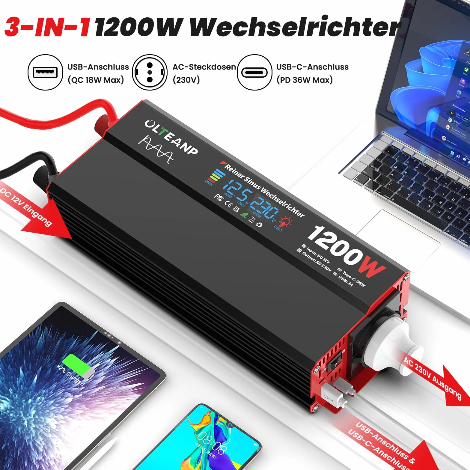 OLTEANP Wechselrichter 12V auf 230V Reiner Sinus,Spannungswandler 1200W Inverter mit LCD-Bildschirmanzeige, AC-Steckdosen, 36W Typ-C-Anschluss, 5V/3A USB-Anschluss für LKW,Zuhause,Fahrzeuge