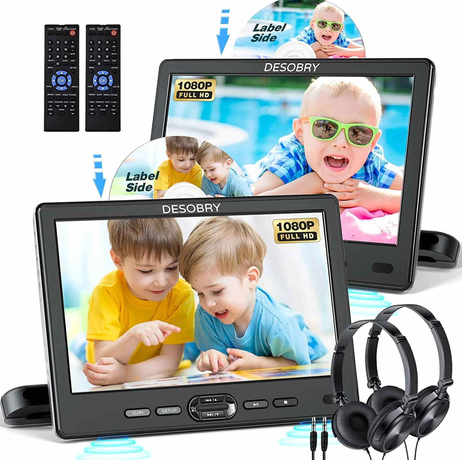 DESOBRY Auto DVD Player 10,5 Zoll 2 Monitore Kopfstütze 2 Kopfhörer HDMI Eingang AV Kabel, Kinder Fernseher Unterstützt 1080P, Auto-Bildschirm Unterstützung USB/SD, Last Memory