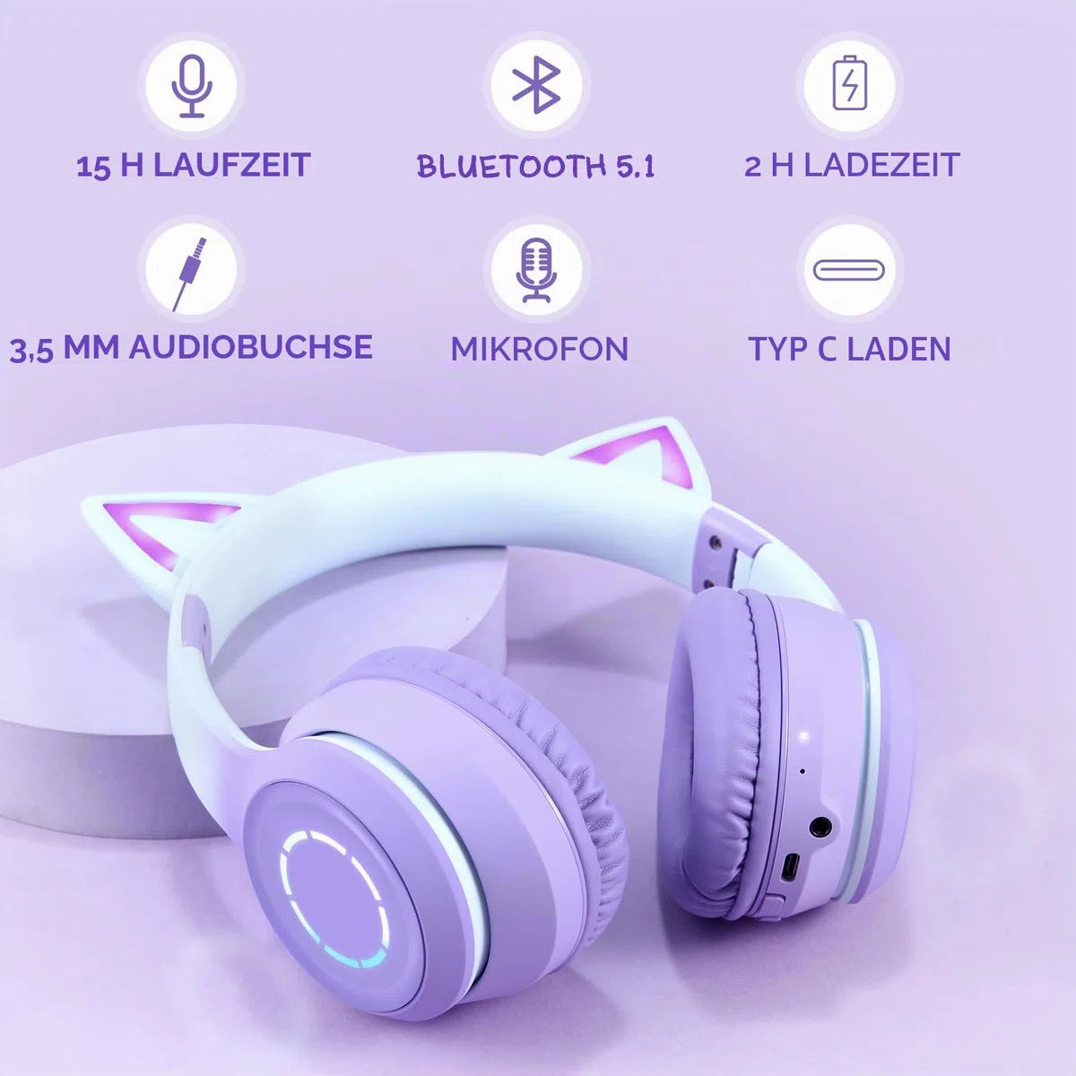 Sendowtek Kinder Kopfhörer, Mädchen Bluetooth Kopfhörer Over Ear Katze Kinderkopfhörer mit Abnehmbarem Mikrofon LED Licht, Faltbare Kabellos Kopfhörer für Kinder Erwachsene Schule/Tablet/PC/Phone