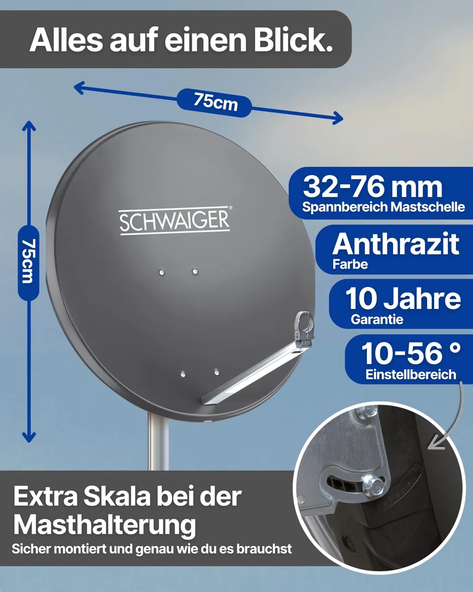 SCHWAIGER Satellitenschüssel Ø 80 cm Aluminium Offset Antenne Anthrazit Quad LNB 4-Fach Digital HD 4K Empfang wetterfest