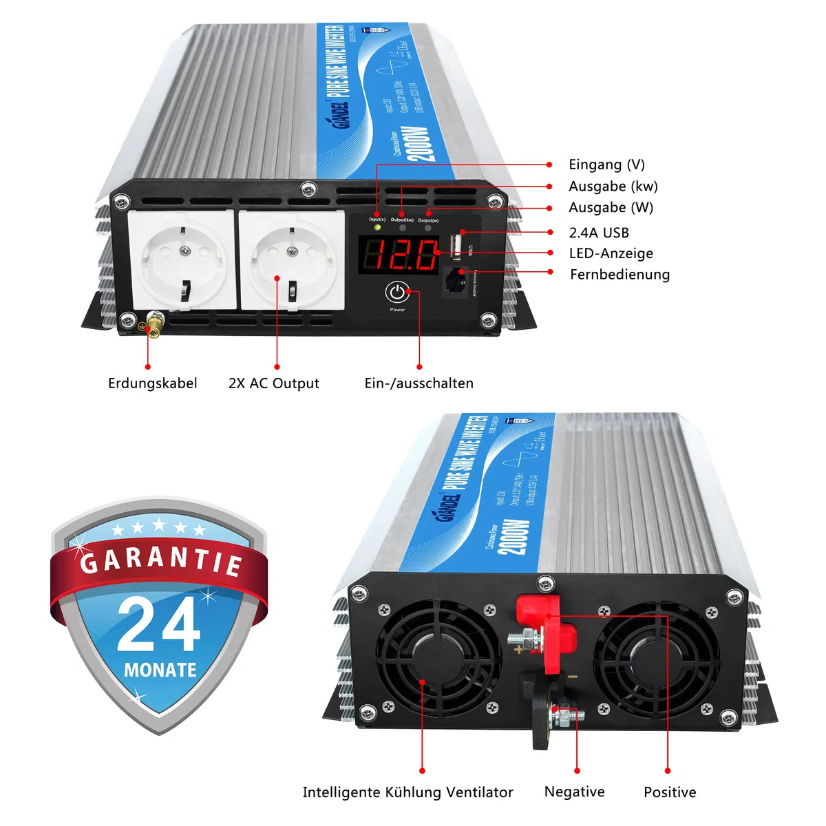 GIANDEL 2000W Wechselrichter 12V auf 230V Reiner Sinus Spannungswandler | Kompatibel Lithium-Batterie, Für Wohnmobil, LKW, Zuhause, Off-Grid Solarstrom Umwandler-Inverter mit LED-Anzeige