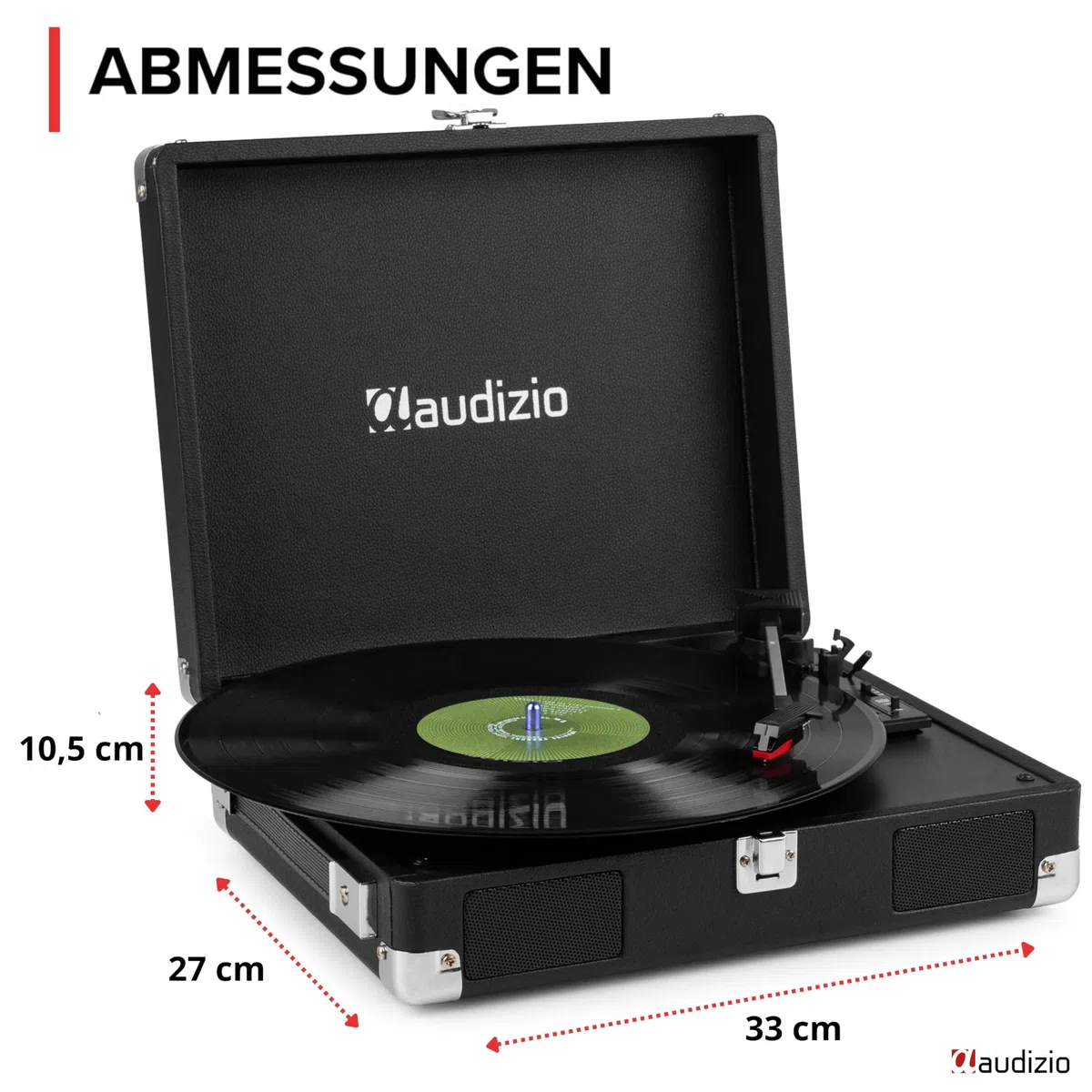 Audizio RP111BK - Koffer Plattenspieler mit Lautsprecher | Autostopp | 33/45/78 RPM | RCA | Kopfhöreranschluss | Schallplattenspieler Retro | Turntable Vinyl Player | Gramofon Record Player, Schwarz