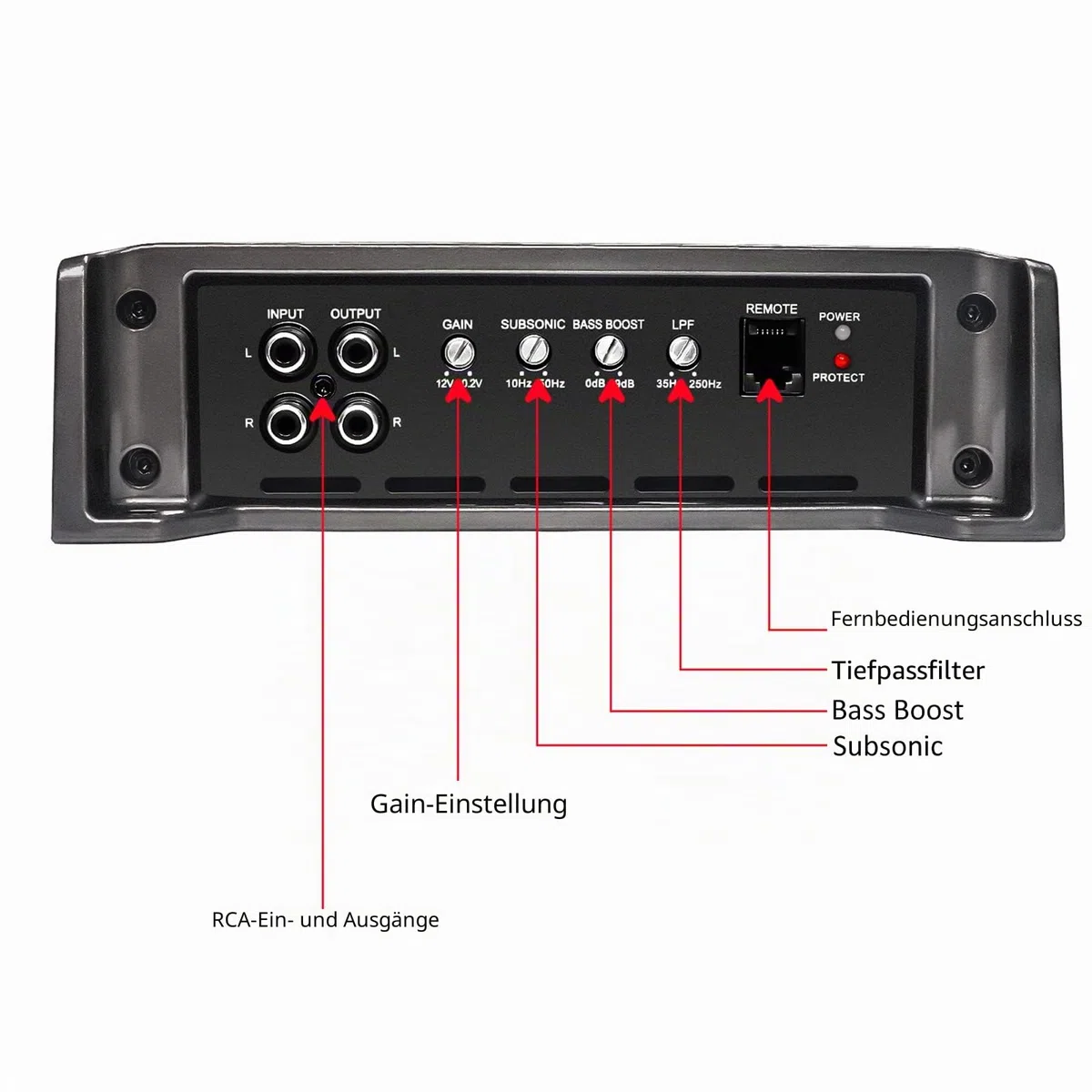 RECOIL RED1200-1 2500 Watt Class-D Car-Audio-Monoblock-Subwoofer-Verstärker, 1 Ohm stabil, Remote-Bass-Regler enthalten