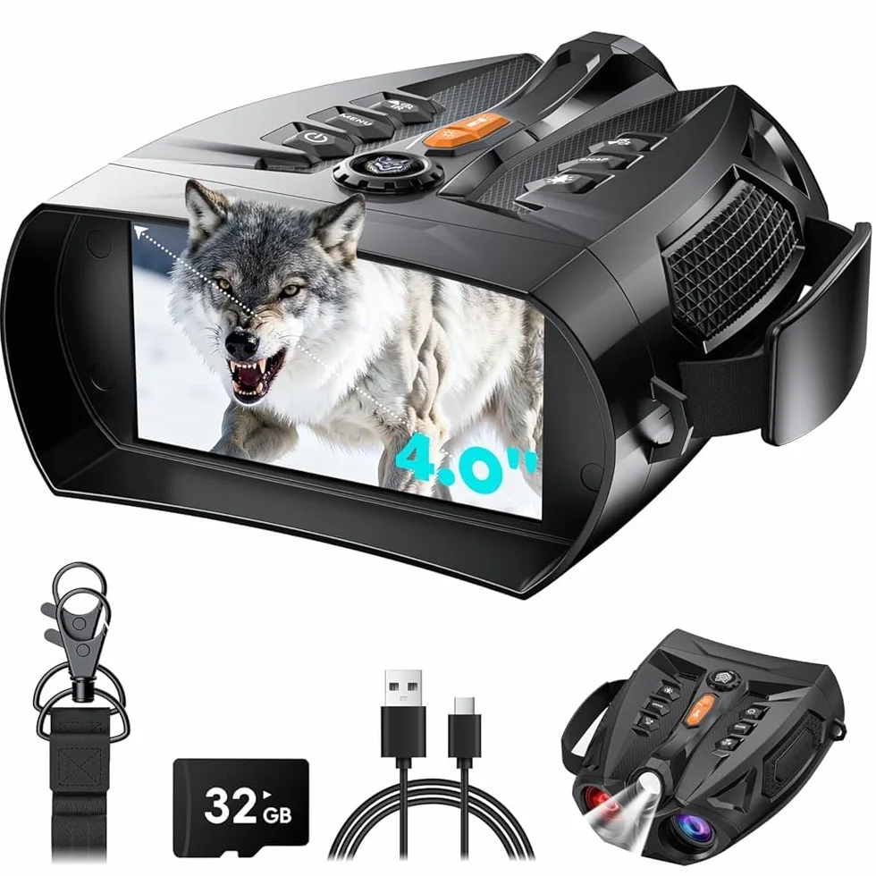 Nachtsichtbrille, SKYBASIC Nachtsichtfernglas, 10-facher Digitalzoom, 4-Zoll-HD-Bildschirm, 5000 mAh wiederaufladbare Nachtsichtbrille, geeignet für Vogelbeobachtung, Camping, Jagd, mit 32 GB