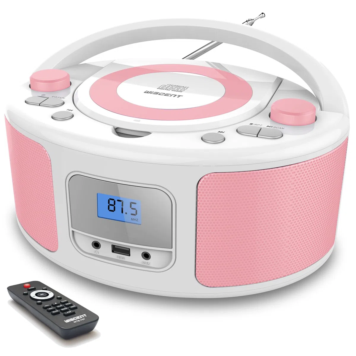 Tragbarer CD-Player Boombox mit Bluetooth | Fernsteuerung | FM-Radio | USB | MP3-Wiedergabe | Kompatibel mit CD-R/CD-RW(Rosa+Weiß)
