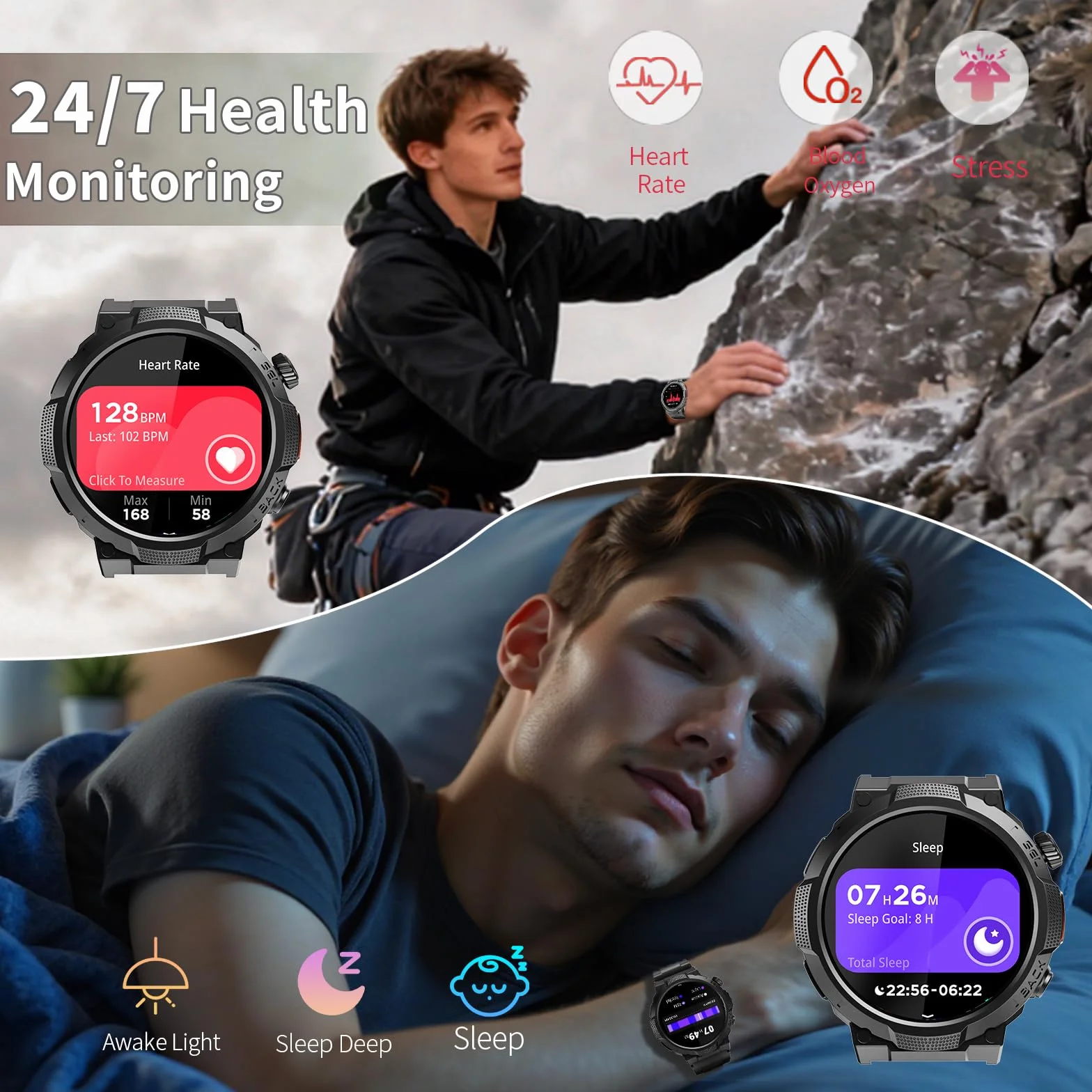 Smartwatch Herren Damen, 1.53" HD 1000mAh Militär Smart Watch mit Telefonfunktion, 100+Sportmodi Fitnessuhr Tracker, IP68 Wasserdicht Sportuhr, Herzfrequenz Schlafmonitor Schrittzähler Android iOS