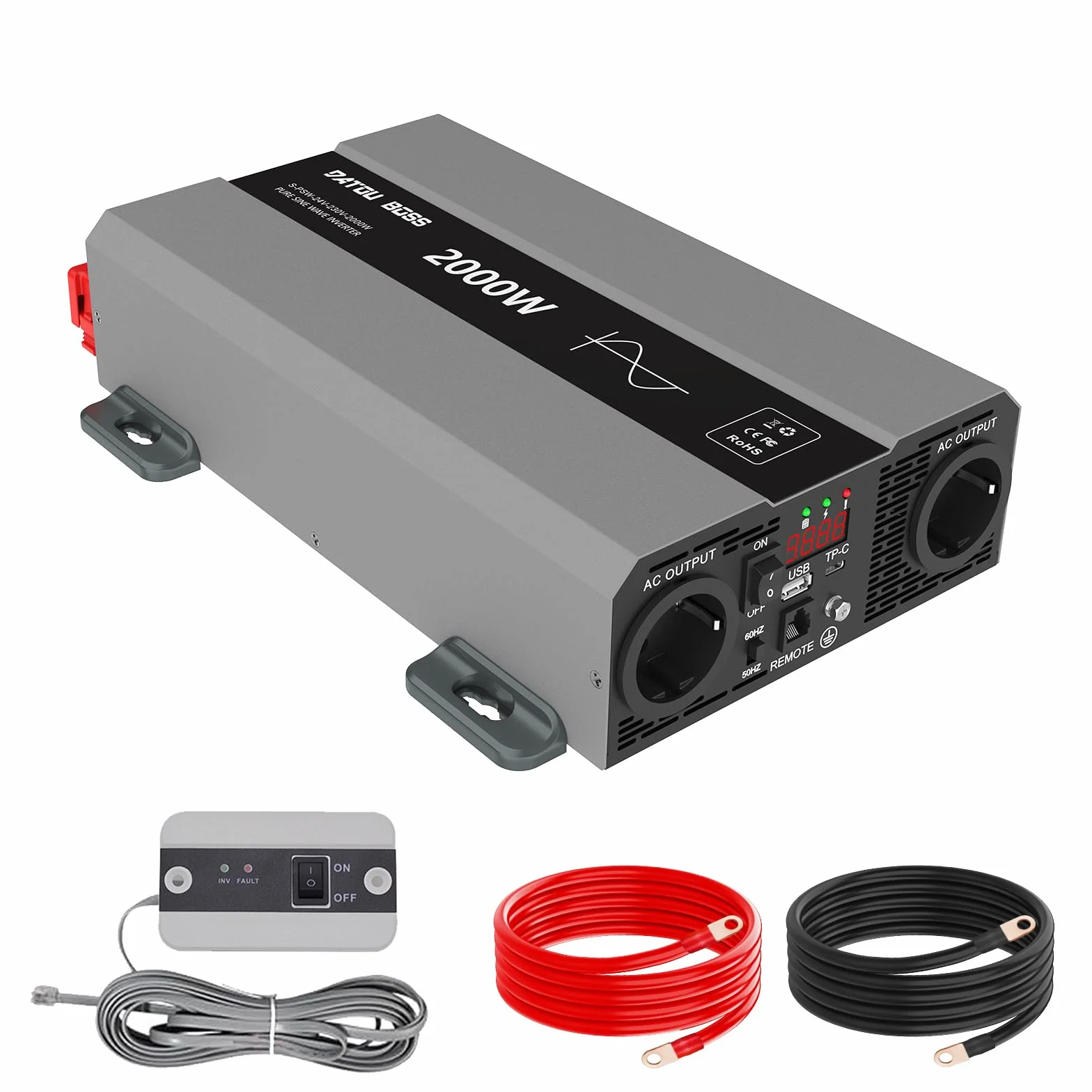 DATOUBOSS Wechselrichter 2000W 24V auf 230V, Reiner Sinus Spannungswandler, Power Inverter mit 2 AC-Steckdosen, USB & USB-C-Anschluss,LCD-Anzeige, 4000W Spitzenleistung für Wohnmobil, Solaranlage, Kfz