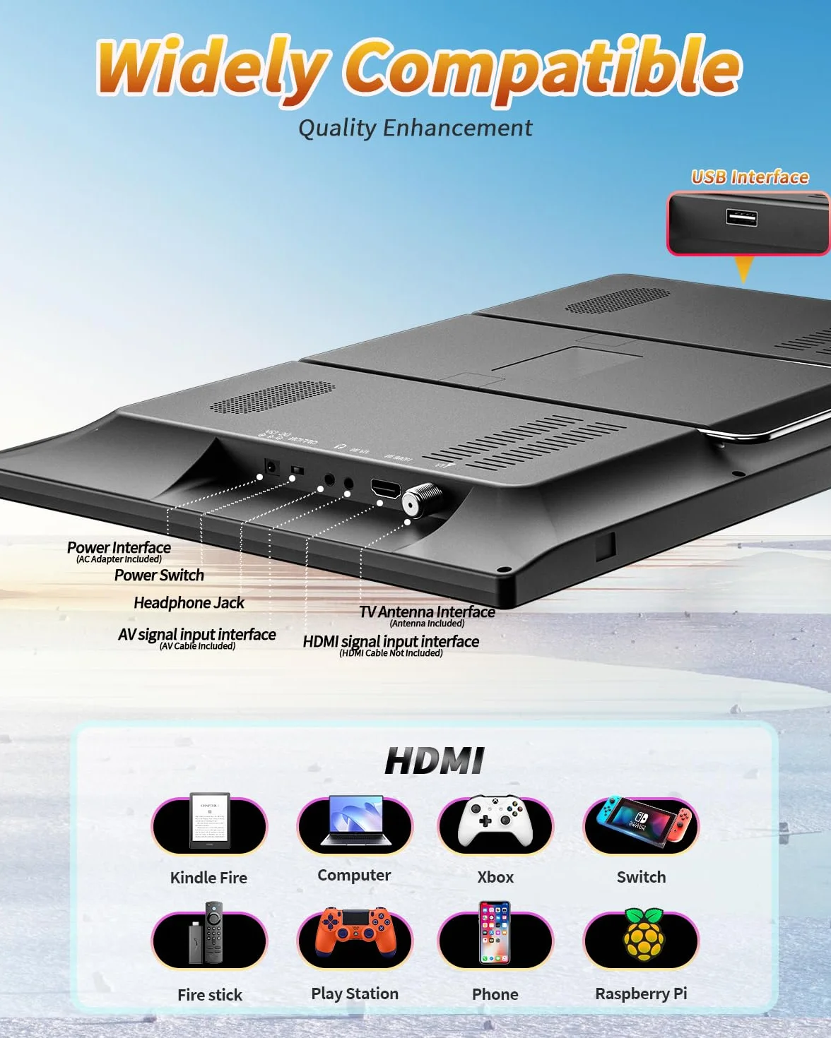 DESOBRY 19-Zoll Fernseher, 1080P Kleiner Fernseher DVB-T2-Tuner mit Antenne, Wiederaufladbarer TV HDMI AV USB Eingang, Tragbarer 12V TV für Camping, Wohnmobil, küchen