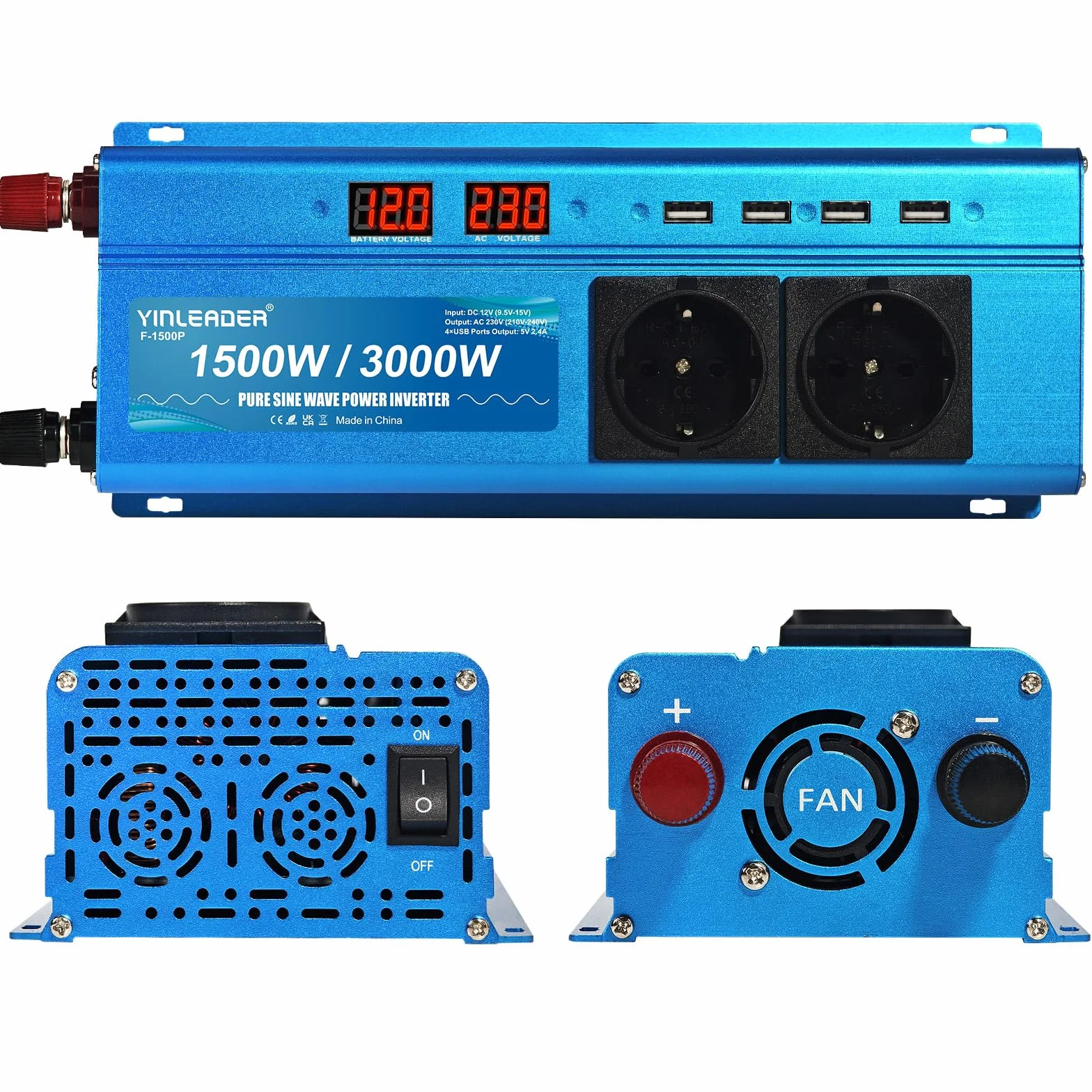 Wechselrichter 12V 230V 1500W /3000W Reiner Sinus Spannungswandler mit 2 Steckdose 4 USB Anschlüsse 2 LED