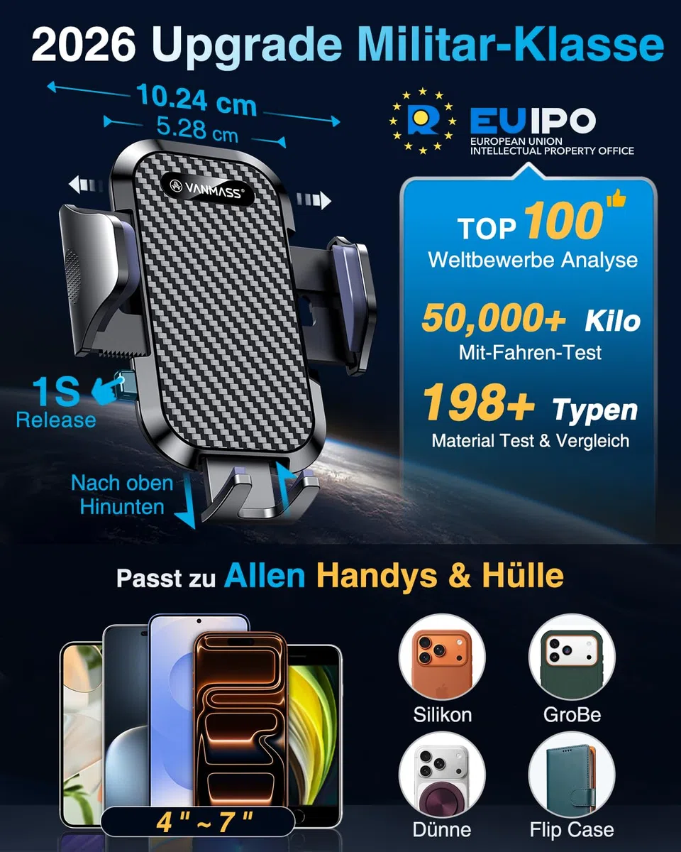 VANMASS 2026【Militär-Klasse】Handyhalterung Auto Upgrade【Stärkste Saugnapf & Lüftungshaken】4 in 1 Handy Halterung Auto 360° Drehbar Handyhalter Auto Armaturenbrett Scheibe Wand für iPhone Samsung usw