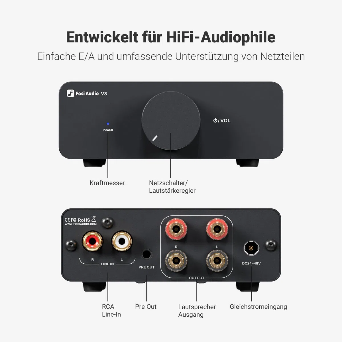 Fosi Audio V3 HiFi Verstärker 600Watt, TPA3255 Mini 2.0CH Klass-D Stereo Verstärker 300W x 2, Amplifier für Leutsprecher, inkl. 48V/5A Stromversorgung