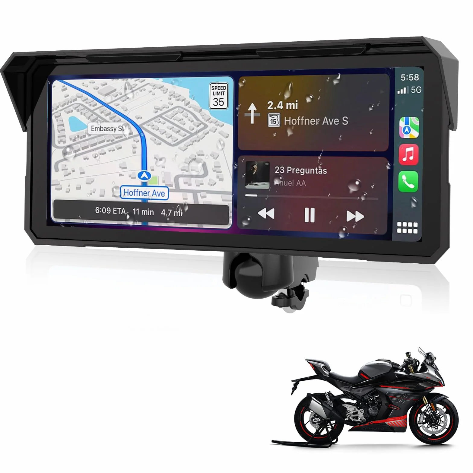 8,1 Zoll Motorrad Carplay Drahtloses Carplay und Android Auto für Motorräder, IP67 Wasserdichtes Touchscreen Motorrad Navi GPS, Bluetooth-Audio, Siri und Google