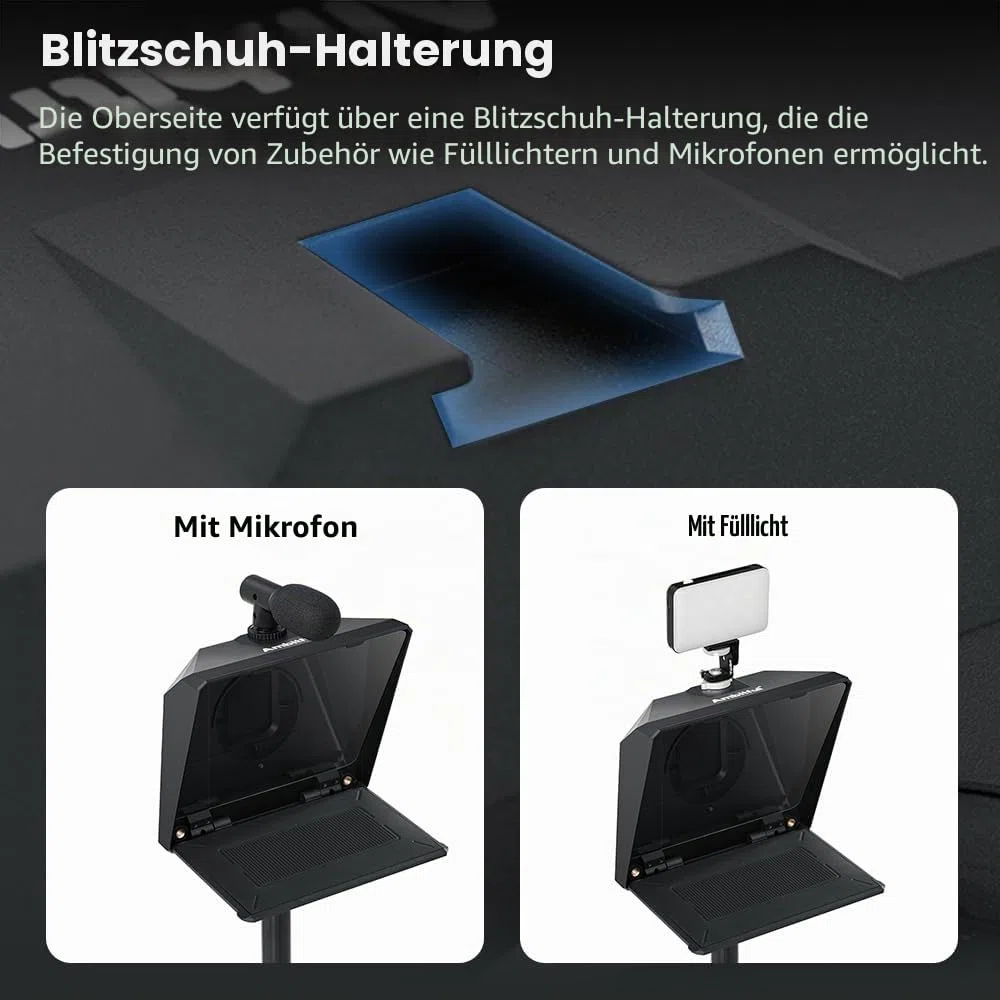Ambitful T1 Pro Teleprompter für Handy mit Desktop-Stativ, schnell einzurichten, tragbares Teleprompter-Set mit Fernbedienung, unterstützt Smartphone/DSLR/Mini-Tablet (unter 8,3 Zoll), für YouTube