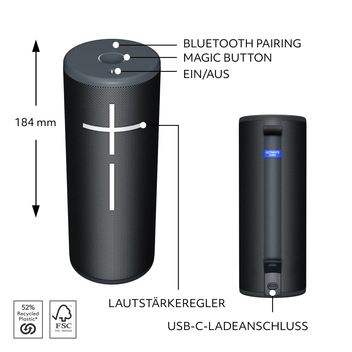 Ultimate Ears Boom 4 – mobiler, wasserdichter, schwimmfähiger Bluetooth-Lautsprecher mit kräftigem, intensivem, kristallklarem 360-Grad-Sound, 15-Stunden-Akku und 45m Reichweite - Schwarz
