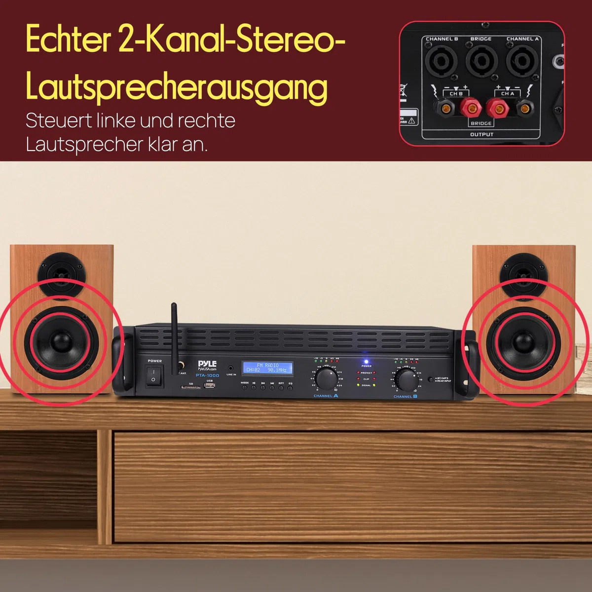 Pyle Verstärker 2 Kanal mit Bluetooth, 2000W, Rackmount Pa Endstufe, XLR, RCA, TRS, USB, Brückenmodus, Lüfter für Hobby-DJs, Veranstalltungen