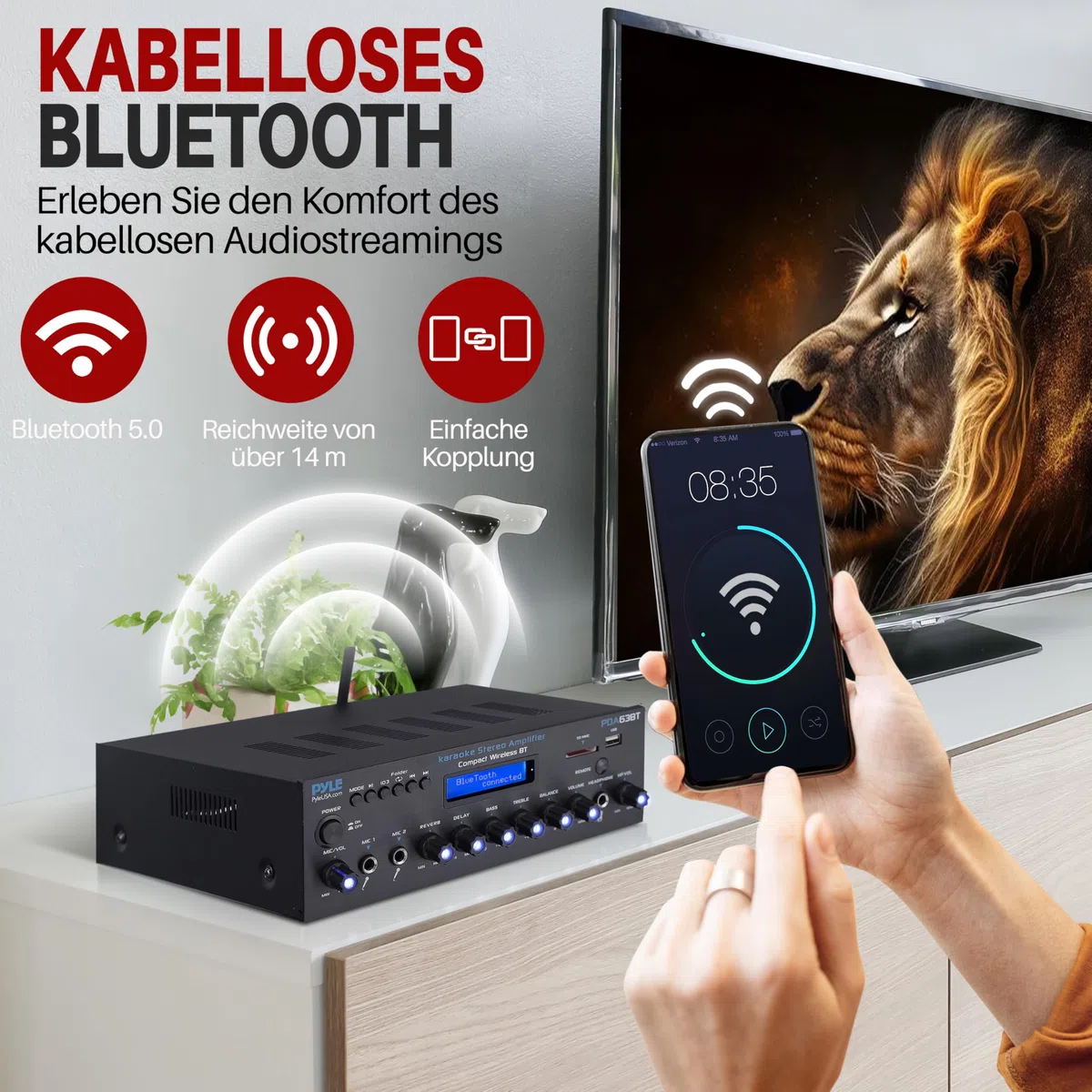 Pyle Verstärker 200W Bluetooth Receiver 2 Kanal Stereo mit FM Radio USB/SD AUX RCA Mikrofon Eingänge Bass Höhenregelung Karaoke