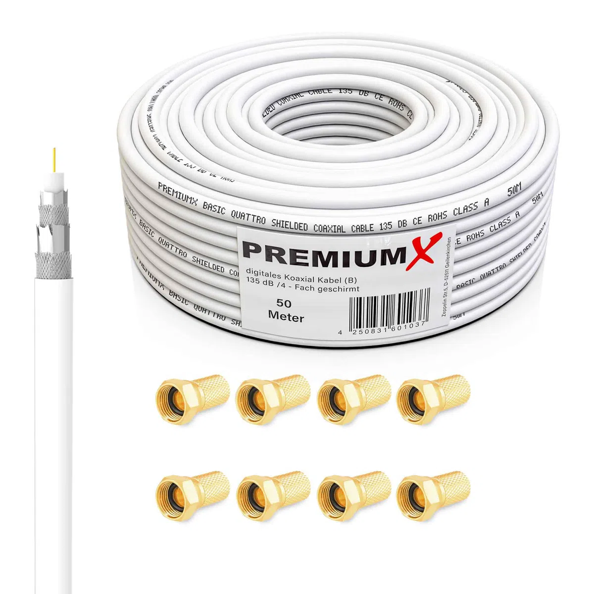 Premium X Satelliten-Komplettanlage 80cm Satellitenschüssel Aluminium Quad LNB Kabel 50m Wandhalter 45cm, SAT bis 4 Teilnehmer
