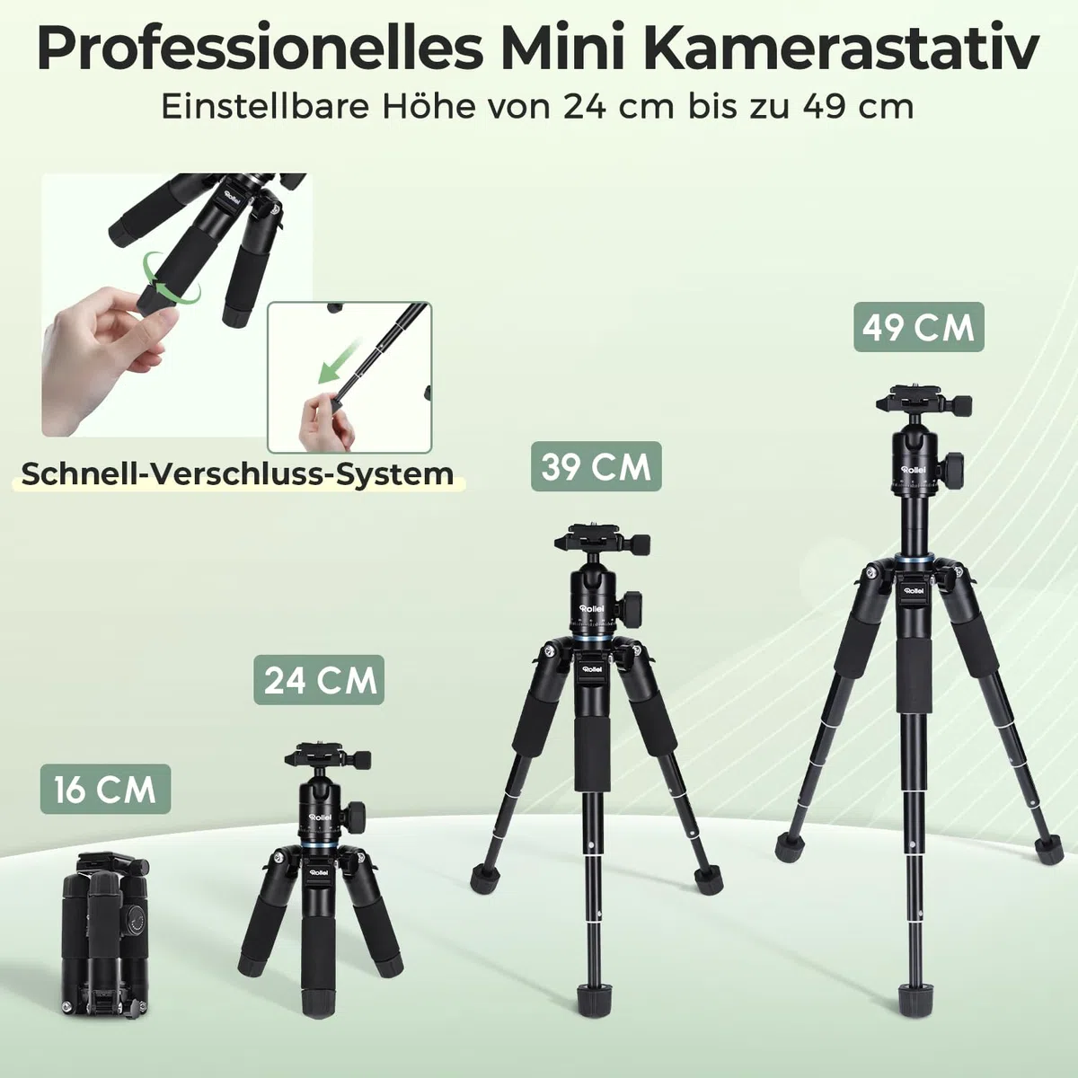 Rollei Compact Traveler Mini M1, Ministativ Kamera aus Aluminium 49cm Leichtes Desktop Reisestativ Klein mit Arca Swiss Kugelkopf Kompaktes Tischstativ für DSLR Schwarz, Stativ-Klein-Mini-Tripod
