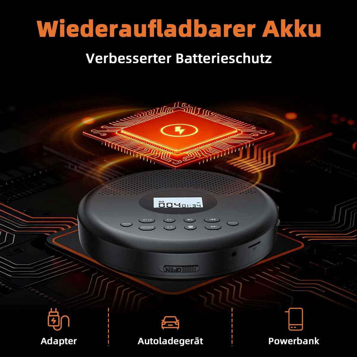 Arafuna Tragbarer CD-Player mit Bluetooth, wiederaufladbarer CD-Player mit Lautsprechern, Anti-Schock, LCD-Display, 7 Wiedergabemodi & 5 EQ, unterstützt TF & AUX, geeignet für Auto, Zuhause und Reise
