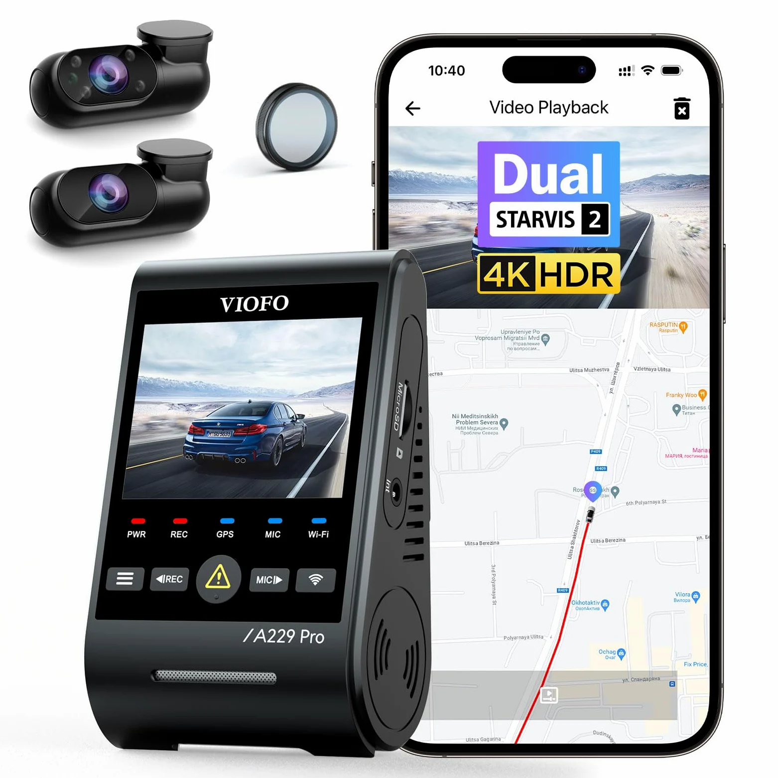 VIOFO A229 Pro 3 Lens 4K + 2K + 1080P Dashcam Auto, Dual STARVIS 2, HDR, Sprachsteuerung, 5GHz Wi-Fi, GPS, Super Nachtsicht 2.0