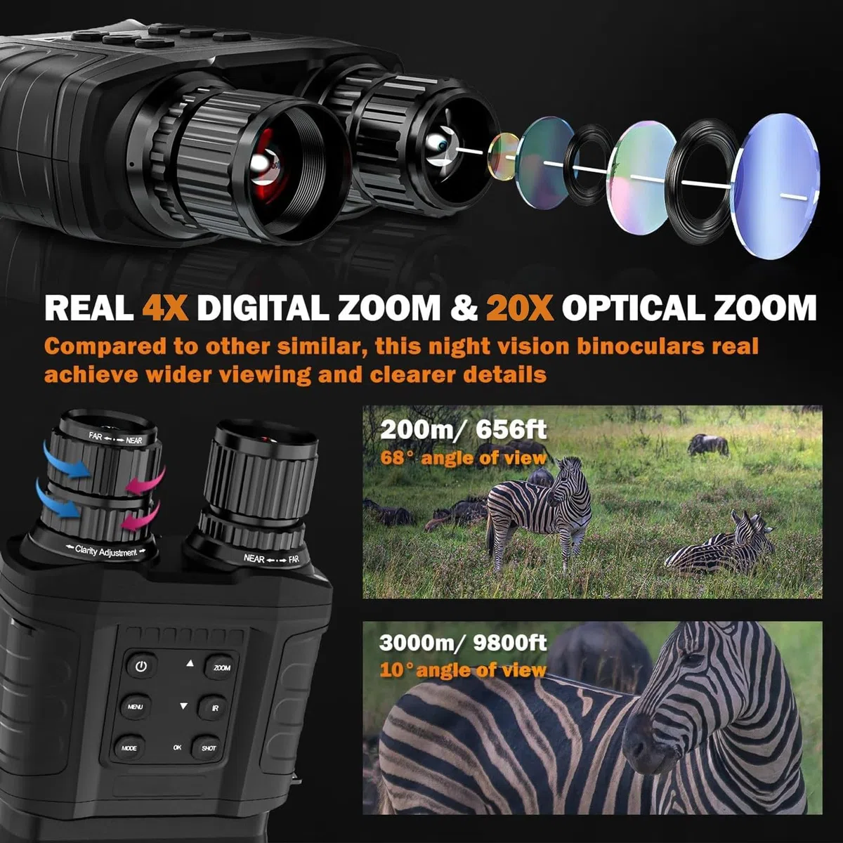 Nachtsichtgerät, 20X Optischer & 4X Digitales Zoom 1640ft Erkennungsweite Wasserdichtes Hochempfindlicher CMOS-Sensor 850nm Infrarot-Nachtsichtbrille für Erwachsene, Jagd Camping Überwachung