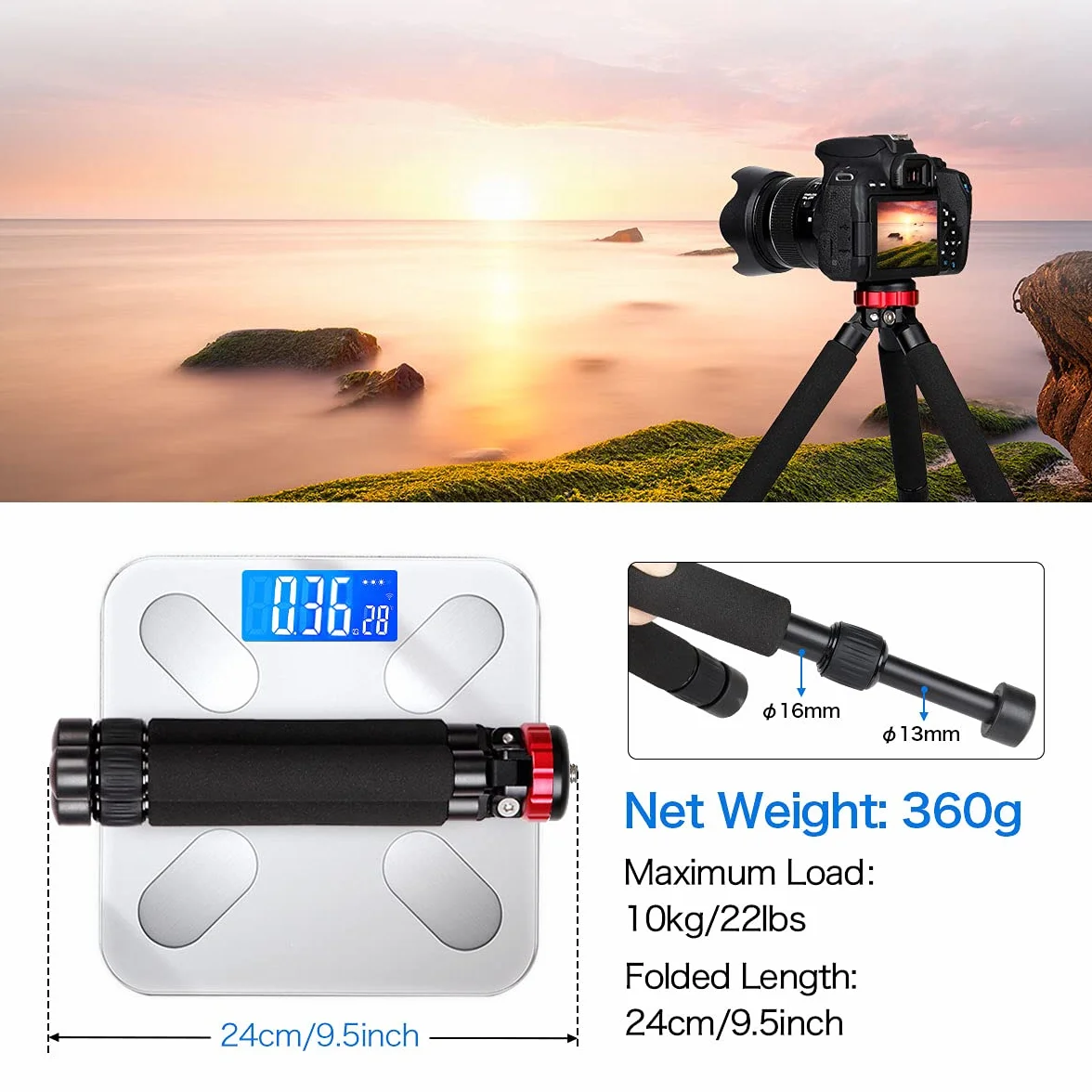 Koolehaoda Mini Stativ Kamera Tischstativ Höhenverstellung 5.5cm - 33cm mit 1/4 "und 3/8" Doppelgewinde für Canon g7x/Sony/Nikon/Fujifilm,Smartphone,Einbeinstative, Belastung 10 kg (MT-02)