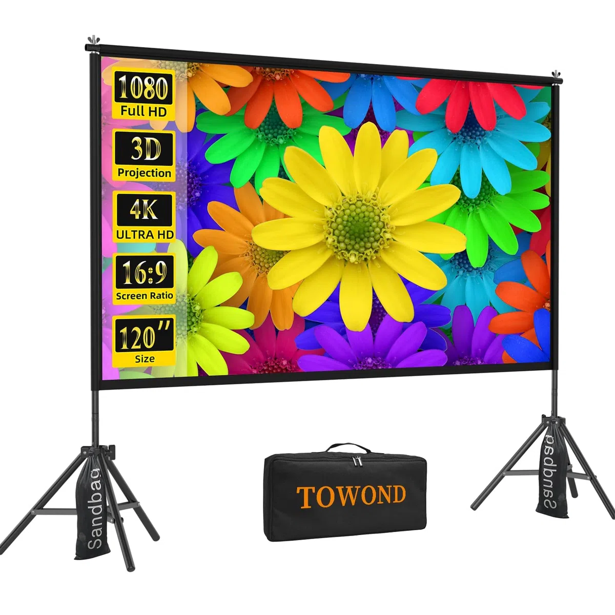 TOWOND 120 Zoll Projektionswand und Ständer, 16:9 HD tragbare einstellbare Innen- und Außenprojektionswand, Front- und Rückprojektion, Tragetasche inklusive für Zuhause, Garten & Camping