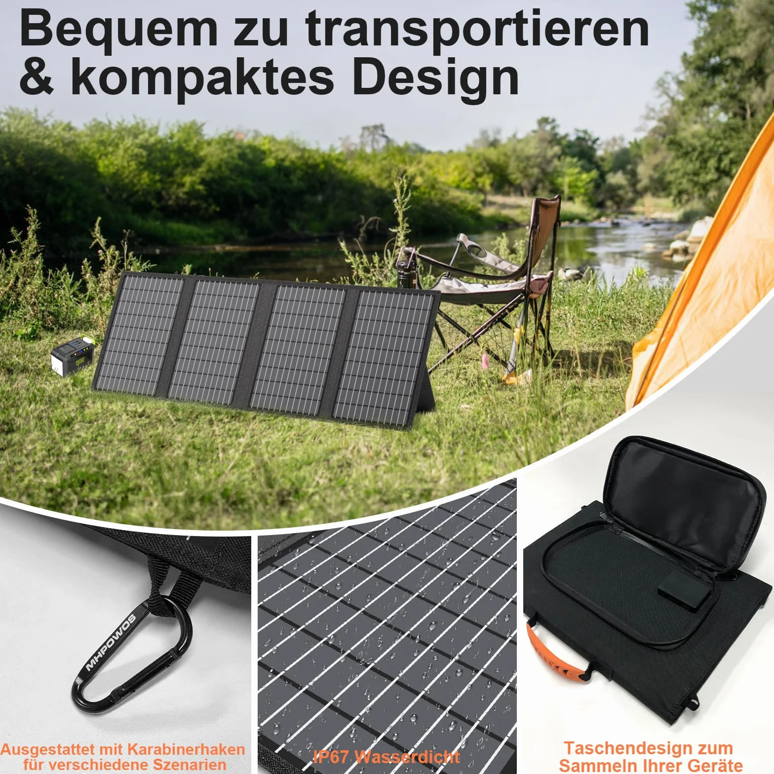 60W Tragbares Solarladegerät mit Ständer, Faltbares Solarpanel mit USB-C, USB-A und DC-Ausgängen, für Camping, Wandern, Notstromversorgung für Kleine Stromgeneratoren, Telefone, Powerbanks