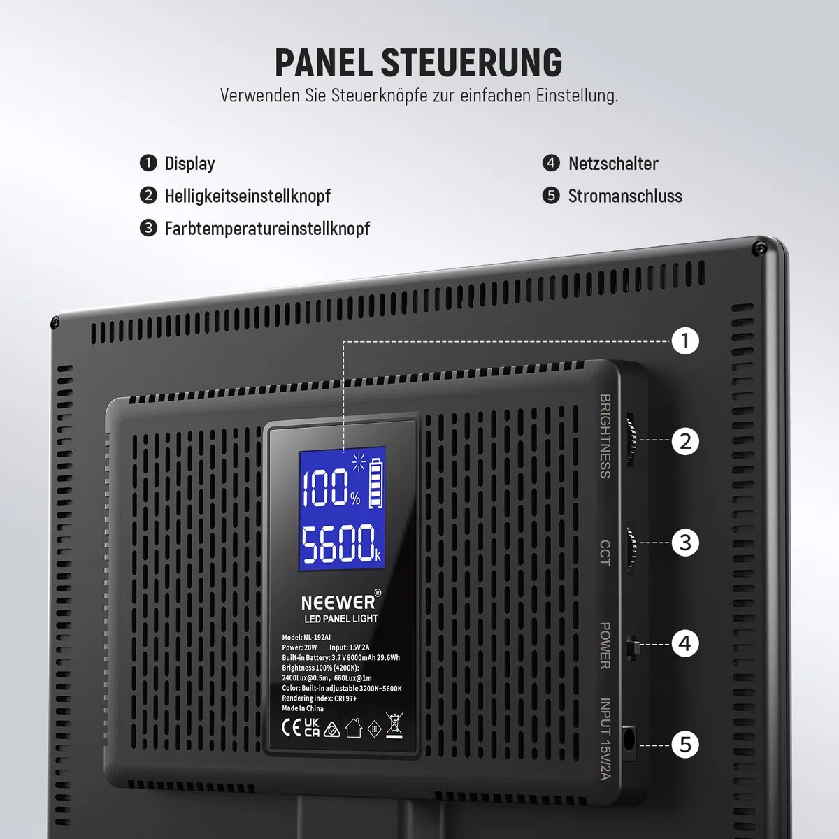 NEEWER 192 LED Panel Videolicht, 20W Ultra dünn Bi Farbe Dimmbar DSLR Kamera Soft Light, 8000mAh Eingebauter Lithium Akku, 3200-5600K CRI97+, Key Lighting für Studio Fotografie Aufnahme Streaming