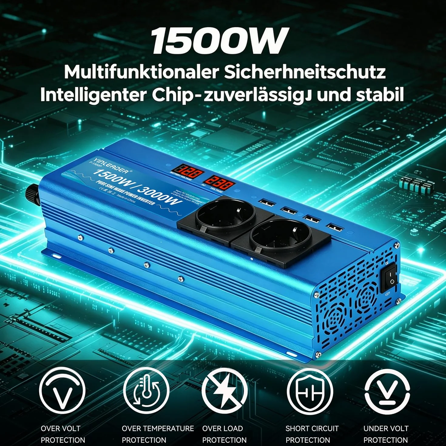 Wechselrichter 12V 230V 1500W /3000W Reiner Sinus Spannungswandler mit 2 Steckdose 4 USB Anschlüsse 2 LED