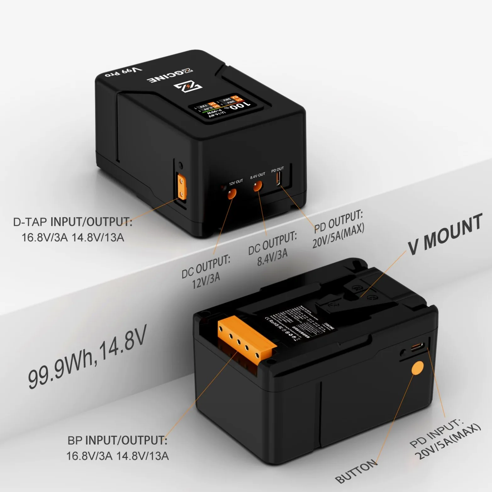 ZGCINE ZG-V99Pro V-Mount Akku 14.8V 99.9Wh 6400mAh PD USB-C 100W Schnellladung mit D-Tap BP USB-Anschlüssen für Kameras, Camcorder, LED-Leuchten, Monitore – Schwarz