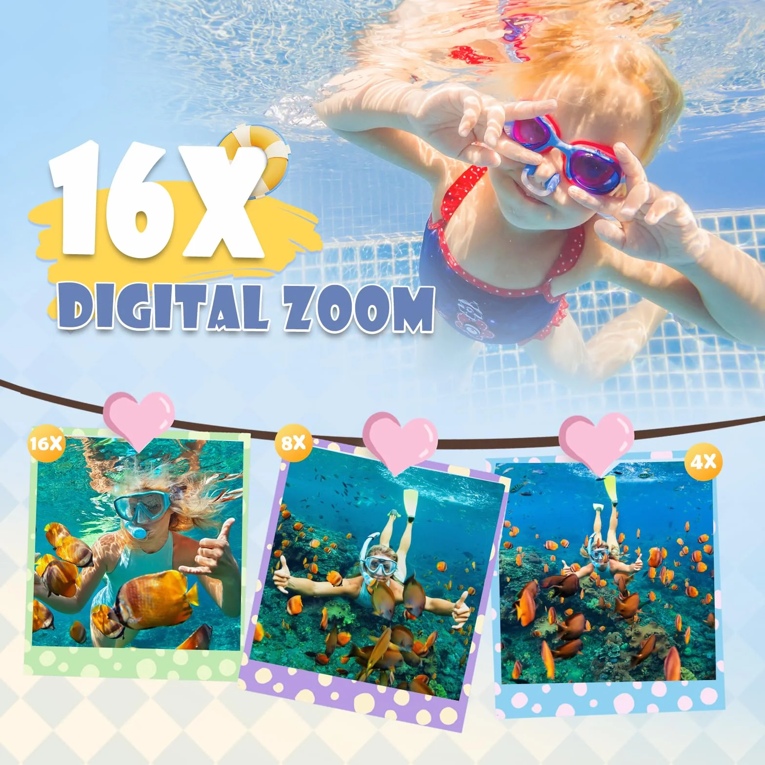 Unterwasserkamera Full HD 2.7K 48MP,Digitalkamera wasserdichte Doppelbildschirm Anti-Shake mit LED-Mikrofon 16 x Digital zoomSnorkelling,Unterwasserkamera for Self-Timer Underwater (Gelb)
