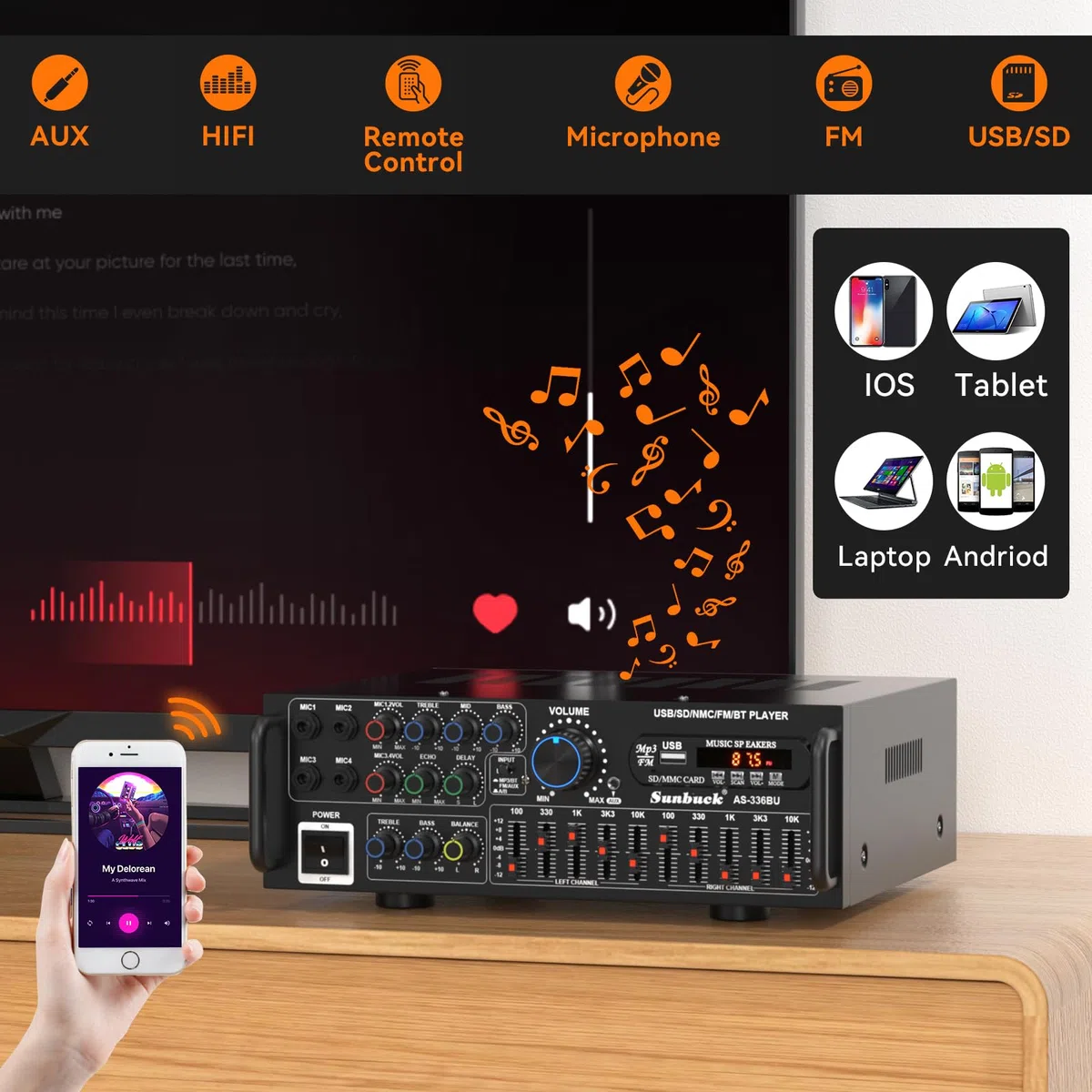 HiFi Verstärker Stereo pa endstufe mit Bluetooth 5.0 2000W Audio Receiver Karaoke FM USB SD AUX, Vorverstärker HiFi 5-Band-EQ-Mixer, 4 Mikr, Verstärker mit Boxen, Tuner HiFi Stereo