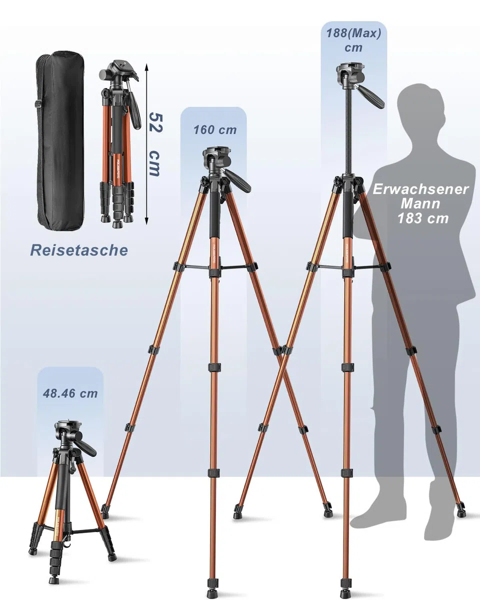 POLAM-FOTO Kamera stativ, 188 cm, Reisestativ mit Tragetasche, mit Handyhalterung, Aluminium, für Mirrorless Camera/DSLR/Handy/Camcorder, robuster Ständer,（Gewicht 1,27 kg, Tragkraft 3,99 kg） Orange