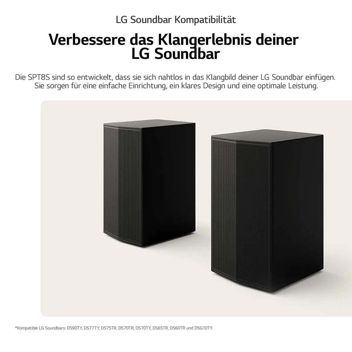 LG SPT8-S Rücklautsprecher-Set, Rücklautsprecher-Set für Soundbars, 100 W Leistung und 2,0 Kanäle, leistungsstarker und Surround-Sound, platzsparendes Design, Schwarz