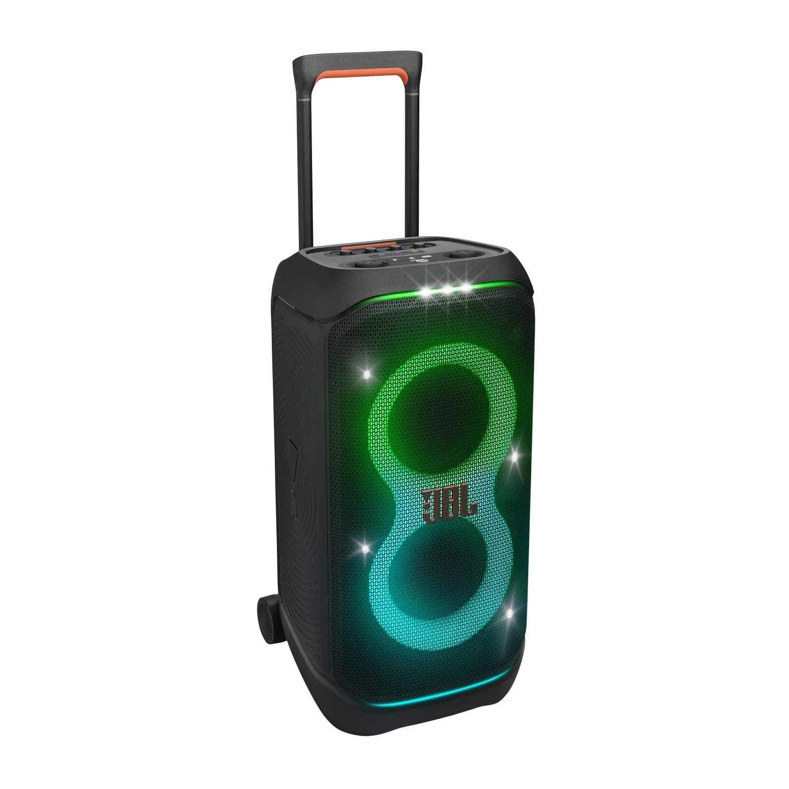 JBL Partybox Stage 320 in Schwarz – Tragbare Bluetooth-Lautsprecher-Box mit JBL Pro Sound, Lichtshow, KI-Sound-Boost, Rollen und Teleskopgriff – 18 h Laufzeit