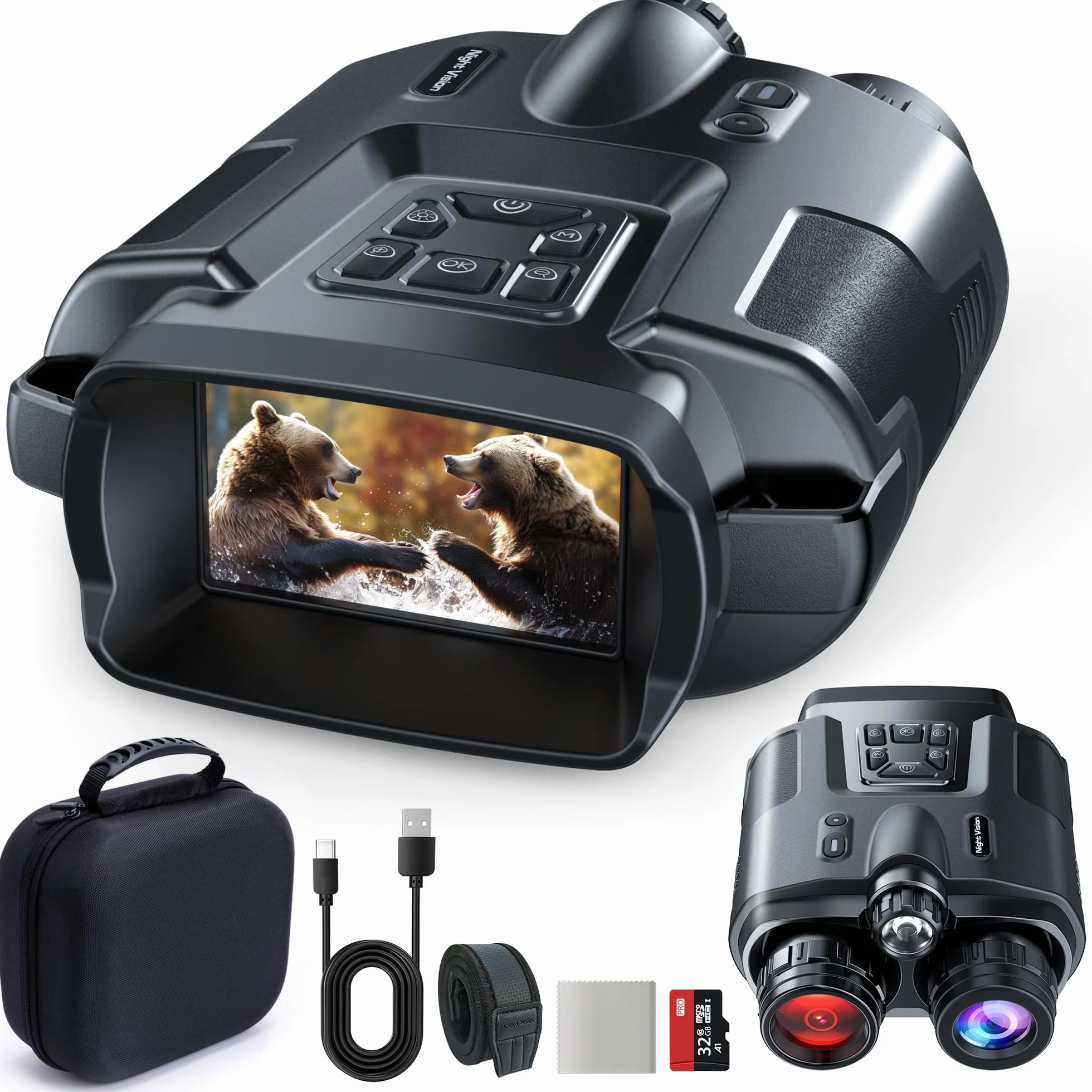 TKWSER Nachtsichtgerät, 4K 5000mAh Wiederaufladbares 3" Nachtsichtgeräte, 600M 8X Digitaler Zoom Infrarot Nachtsicht Fernglas, IP65 Nachtsichtgerät für Jagd Camping Beobachtung w/ 32GB TF Karte