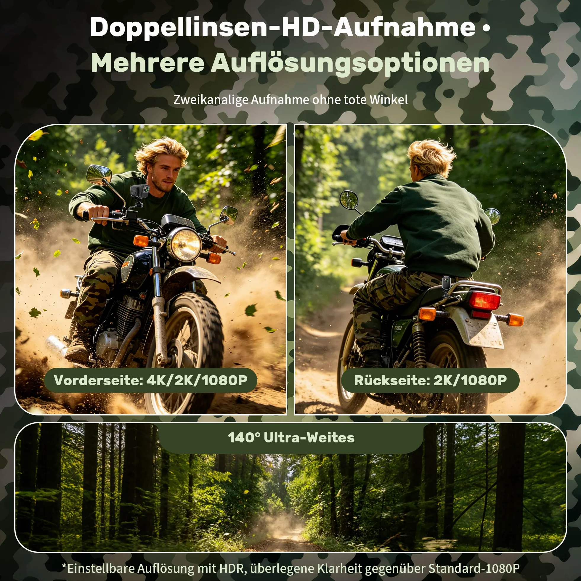 Action Cam 4K+1080P,Dashcam Motorrad,120° Weitwinkel Helmkamera Motorrad,Dashcam Auto vorne hinten mit GPS,Wasserdichter,6 Stunden großer Akku motorrad kamera für Motorräder,E-Bikes&Outdoor