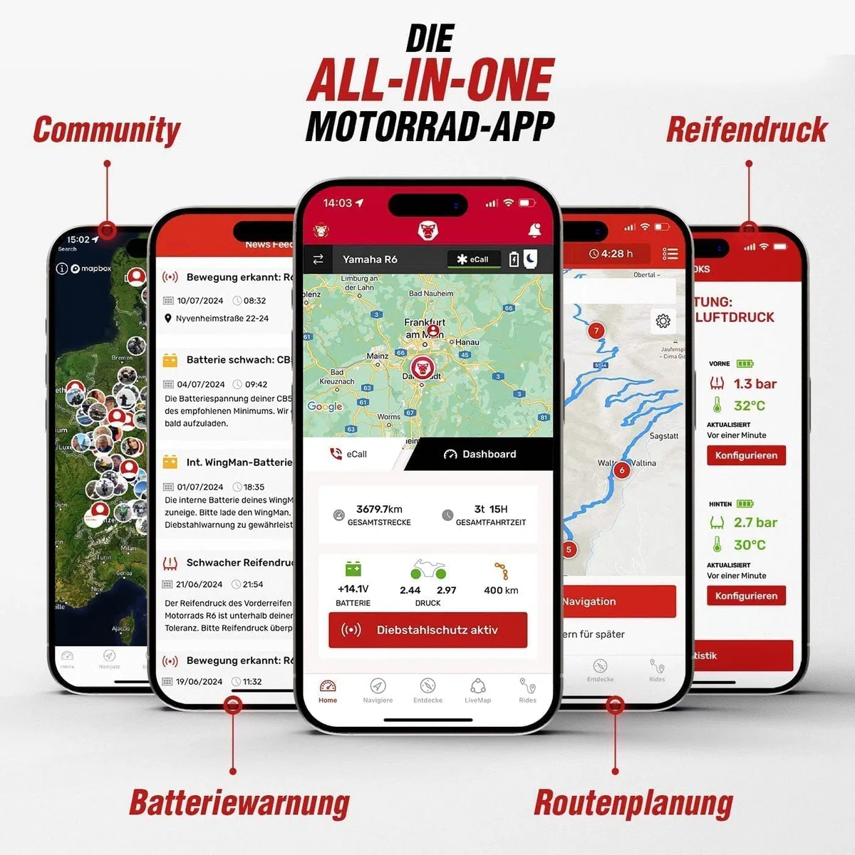 GPS Tracker Motorrad RideLink WingMan 4G | Live Tracking und Diebstahlmelder | Inklusive Motorrad Navigation, Routenplaner und Community | Robust, IP54 Wasserdicht und Staubdicht | made in Germany