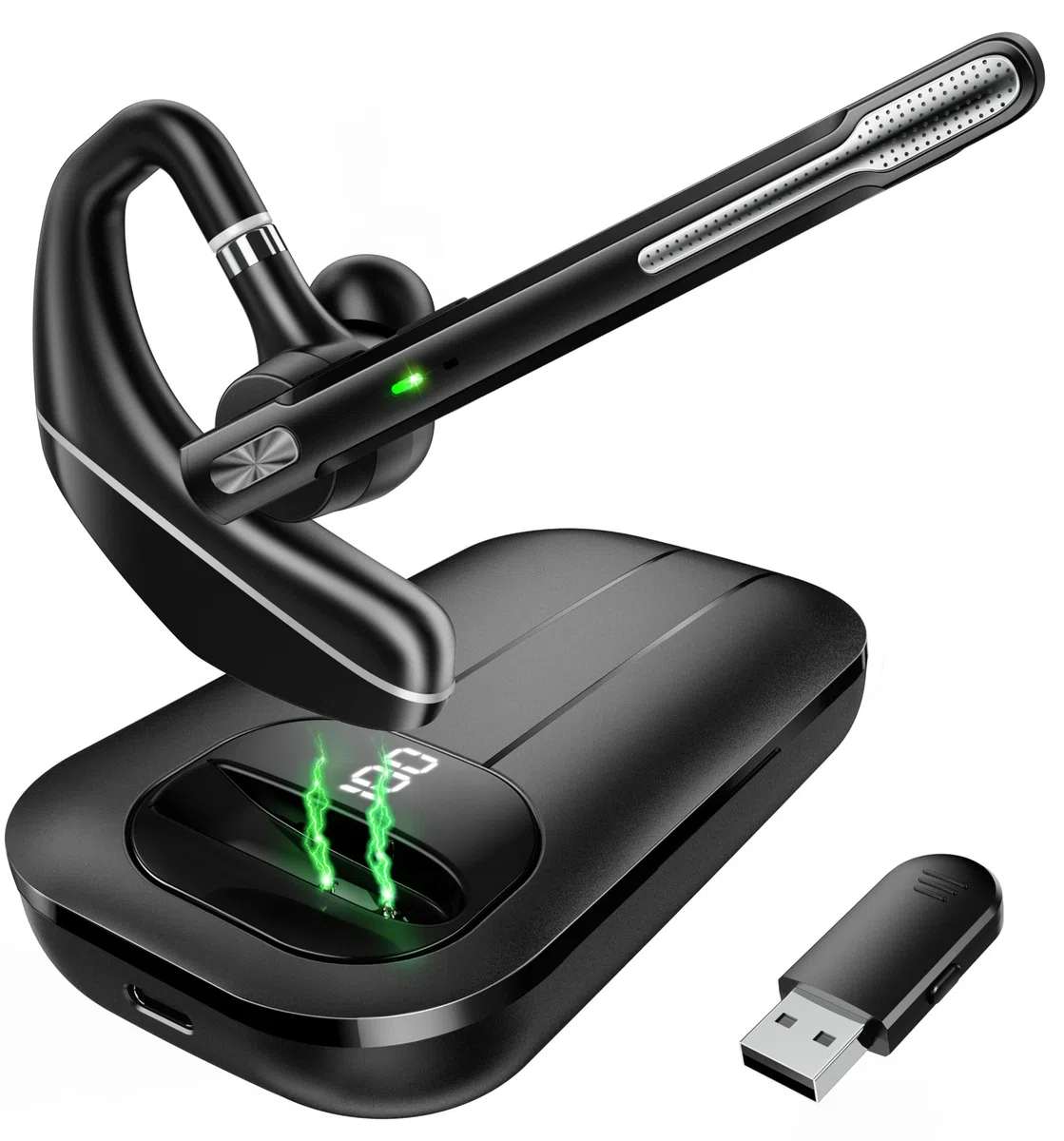 Bluetooth Headset V5.3 kabelloser Ohrhörer 1000-mAh-Ladeetui 96 Stunden Gesprächszeit Geräuschunterdrückung Doppelmikrofon