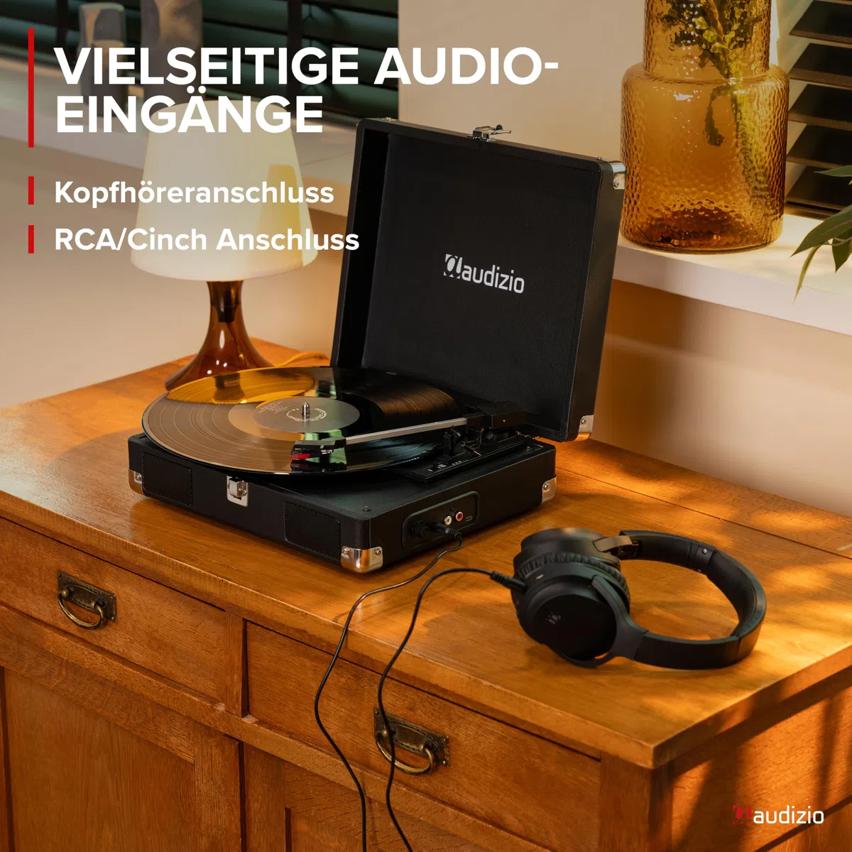Audizio RP111BK - Koffer Plattenspieler mit Lautsprecher | Autostopp | 33/45/78 RPM | RCA | Kopfhöreranschluss | Schallplattenspieler Retro | Turntable Vinyl Player | Gramofon Record Player, Schwarz