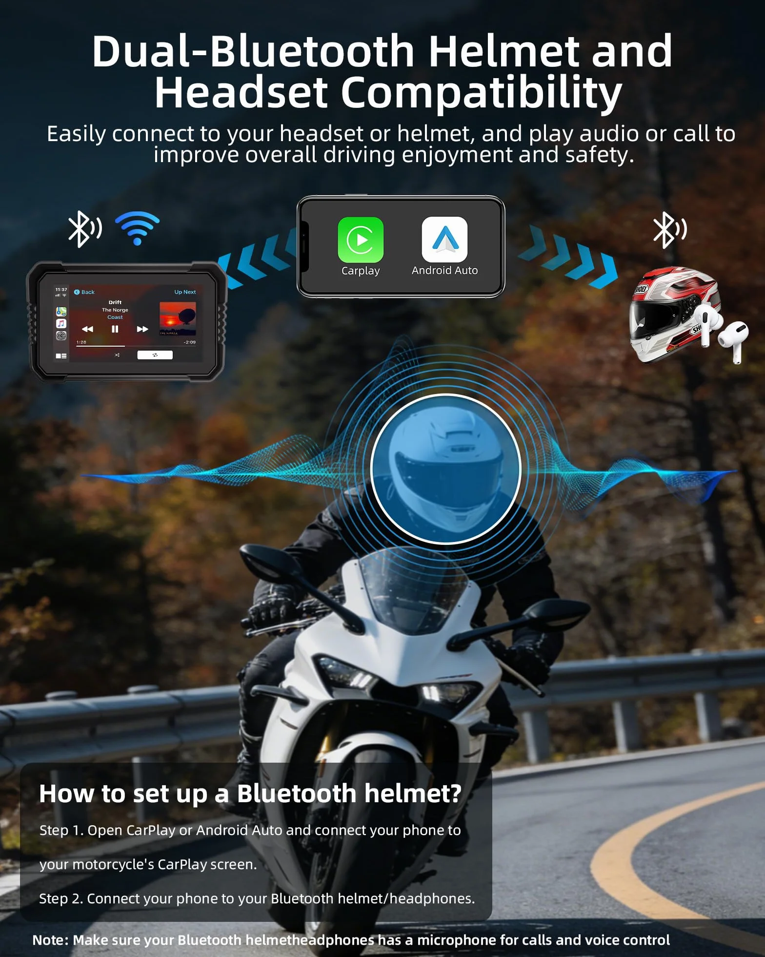 Jansite 4K Motorrad CarPlay Android Auto 6,25 Zoll Motorrad Navi mit Dashcam Vorne Hinten, IP67 Wasserdicht Bildschirm, Dual-Bluetooth,Siri/G-oogle Assistant
