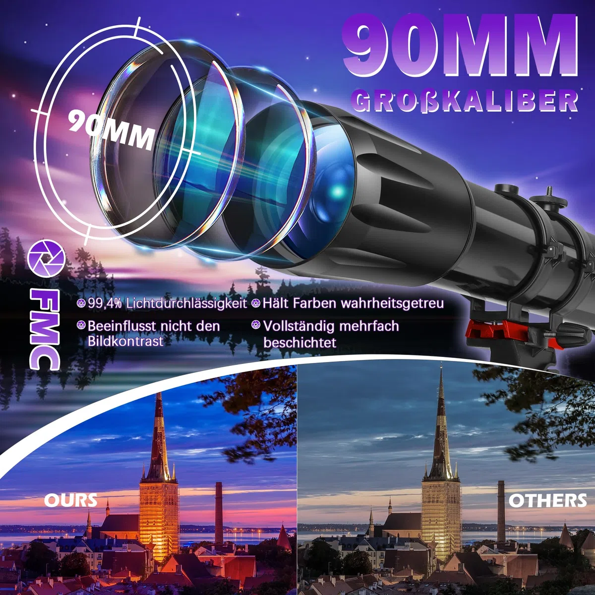 HETEKAN Teleskop 90mm Öffnung 900mm Brennweite, Refraktor-Teleskop für Erwachsene und Anfänger, 36X-450X Astronomie-Teleskop zur Mond- und Planetenbeobachtung mit Edelstahlstativ und Handyadapter