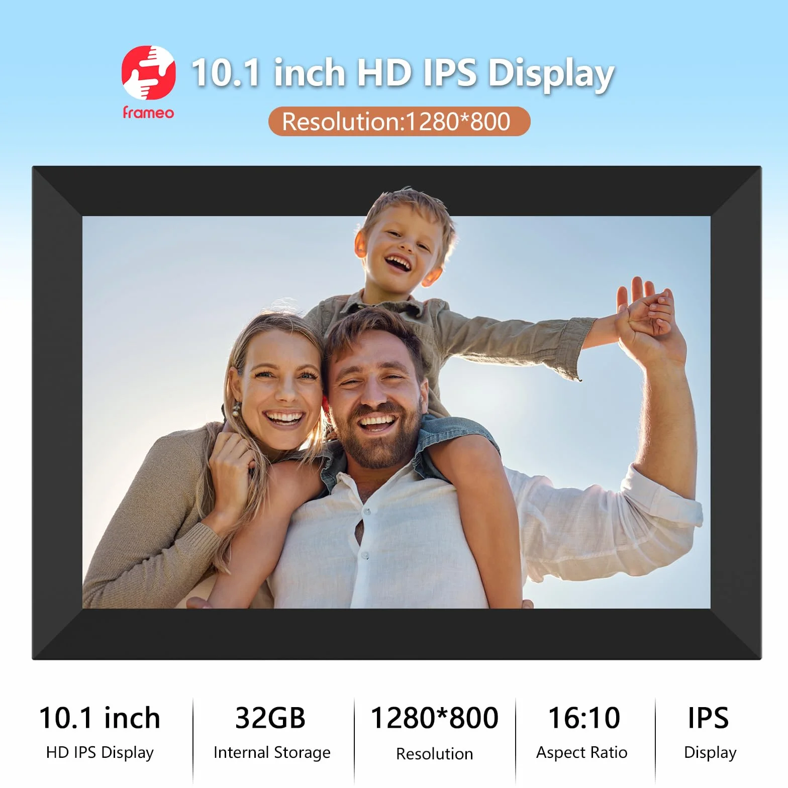 AKImart FRAMEO Digitaler Bilderrahmen WiFi 32GB Digitaler Fotorahmen 10,1 Zoll 1280x800 IPS LCD-Touchscreen Smart Cloud-Fotorahmen Mit Automatischer Drehung Momente Sofort Über Die Frameo-App Teilen