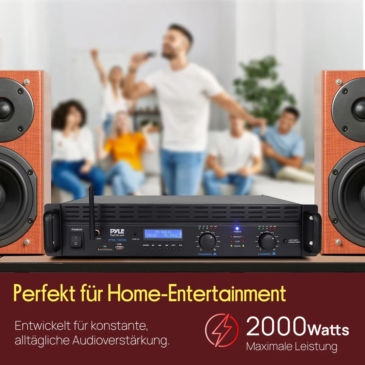 Pyle Verstärker 2 Kanal mit Bluetooth, 2000W, Rackmount Pa Endstufe, XLR, RCA, TRS, USB, Brückenmodus, Lüfter für Hobby-DJs, Veranstalltungen