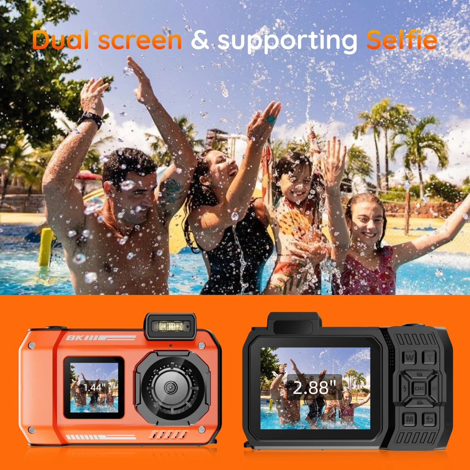 MaxMango Digitalkamera, 8K & 33FT Unterwasserkamera mit 64GB, 2.8'' Doppelte Bildschirme Selfie wasserdichte Staubdichte stoßfest Kompakte für Kinder Teenager Anfänger Erwachsene(Orange)
