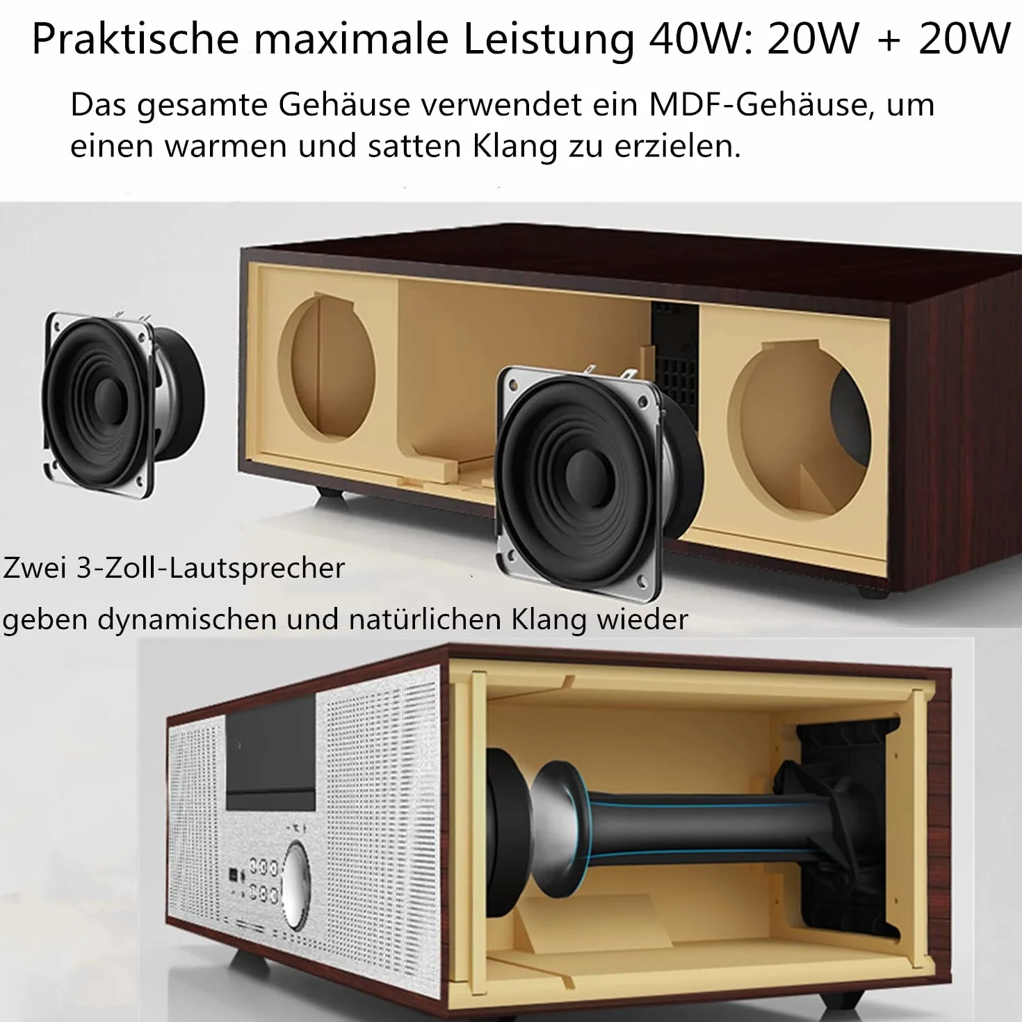 Jahrgang Micro HiFi-System CD-Stereoanlage Mini-Komponente 40W RMS CD-Player UKW/Bluetooth-kompatibel/USB/AUX/Fernbedienung/Kopfhörerbuchse Kompatibel mit hochauflösender Klangquelle,Silber,hölzern