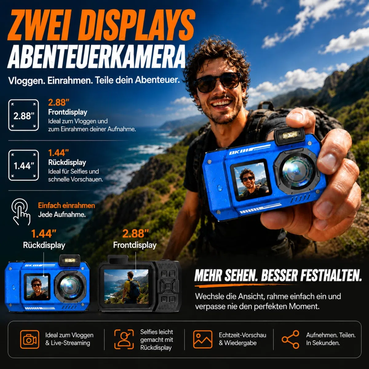 Maxmango D50 8K Unterwasserkamera,33FT wasserdichte Kamera mit 16GB Karte,2.8'' Dual-Screen Selfie Staubdichte, Stoßfeste Digitalkamera mit 2500mAh Batterie, 18X für Schnorcheln, Schwimmen und Urlaub